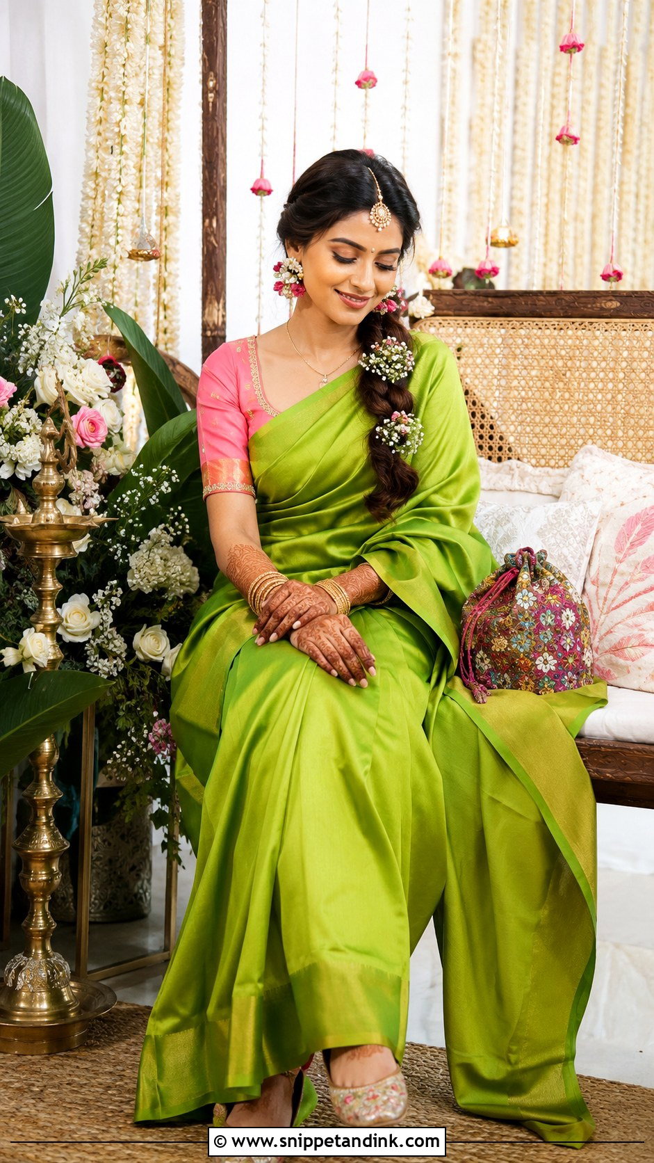 Green Saree Konkani Mehndi Bride Look - Snippet and Ink - 20 Konkani Bride Ideas