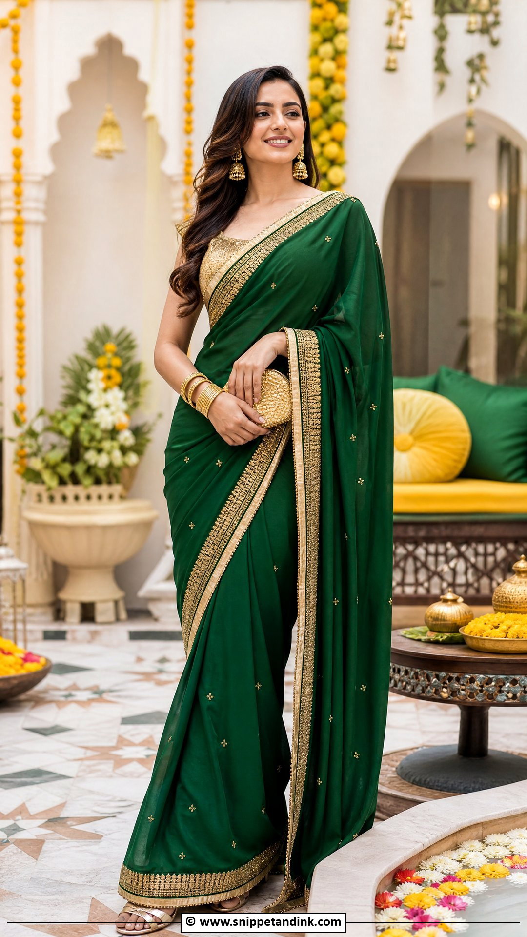 Green Saree With Gold Jewelry - Snippet and Ink - 35 Mehndi Dress Ideas