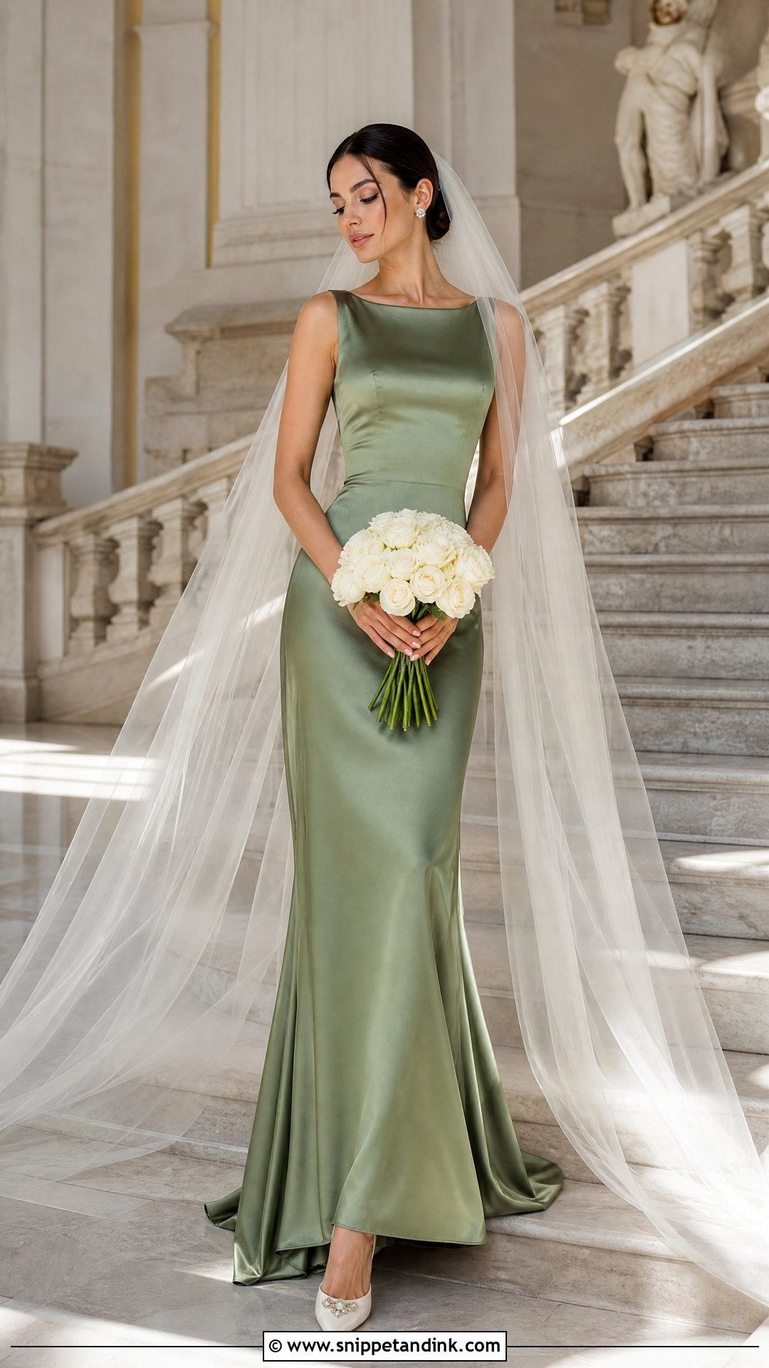 Green Satin Wedding Dress With Cathedral Veil - Snippet and Ink - 25 Green Wedding Dress for Bride Ideas