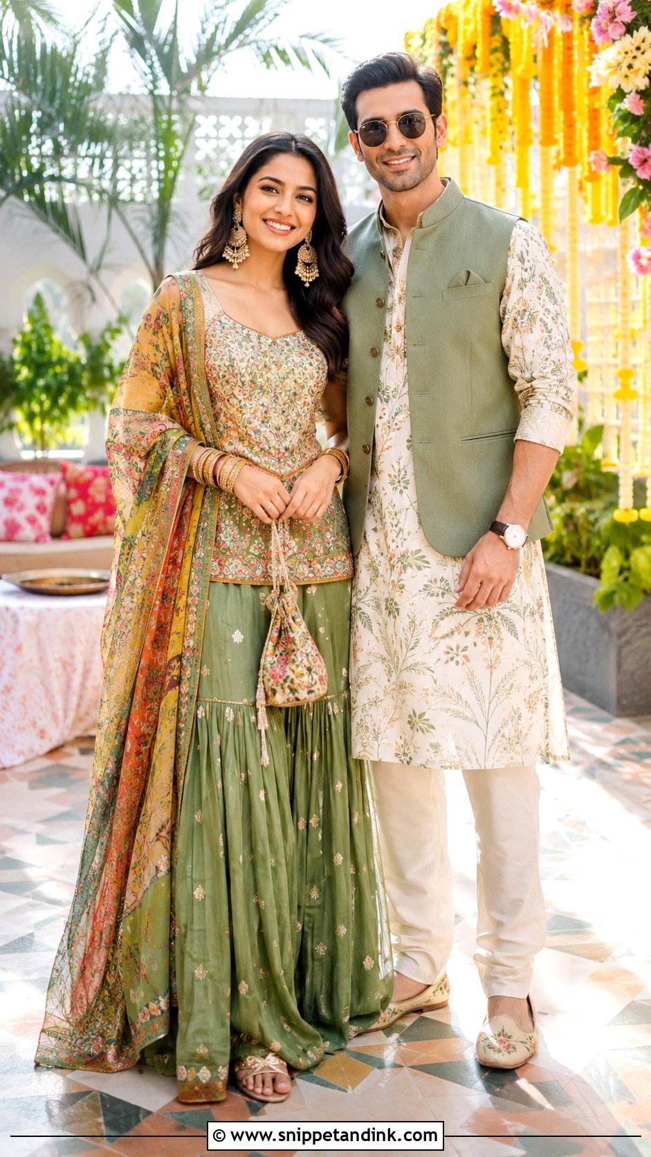 Green Sharara And Floral Kurta Mehndi Couple Outfit - Snippet and Ink - 20 Indian Wedding Couple Outfits