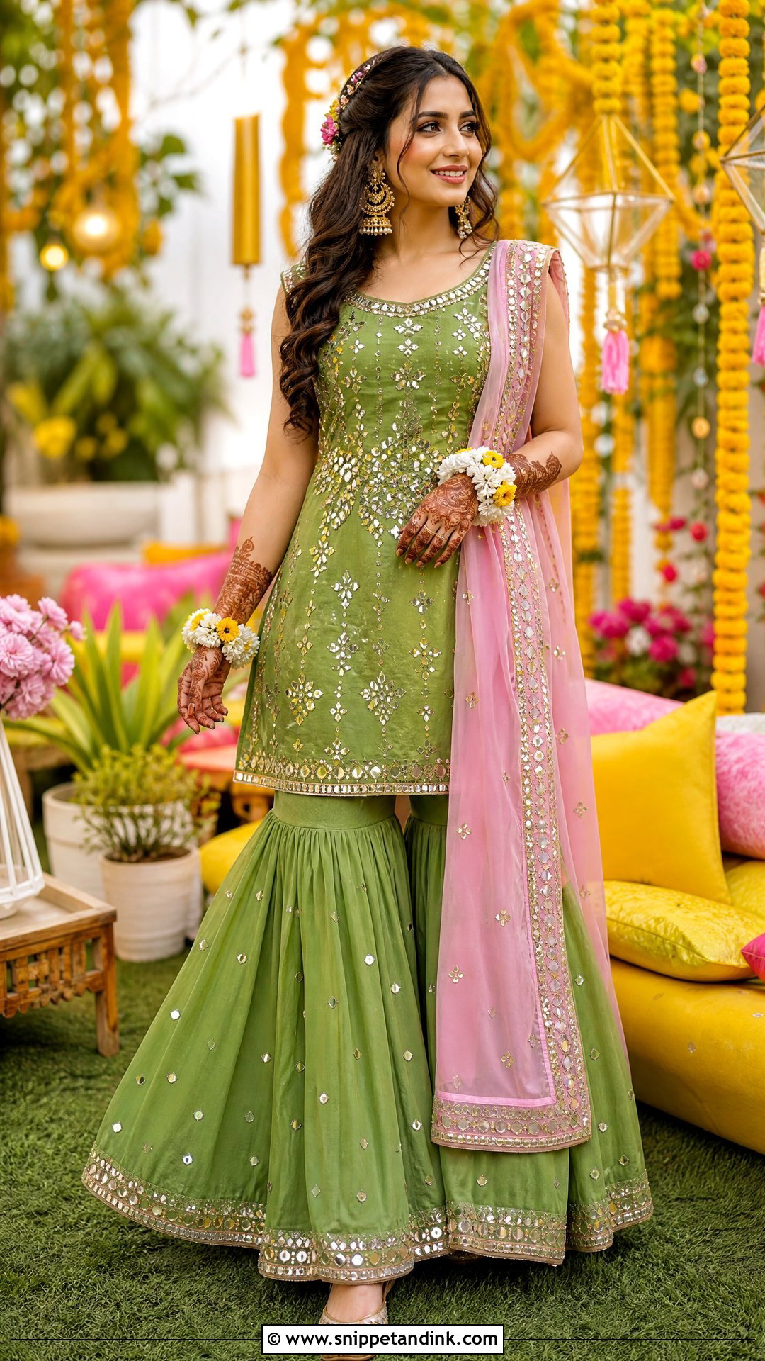 Green Sharara Bridal Mehndi Outfit - Snippet and Ink - 20 Simple Bridal Mehndi Outfit Ideas