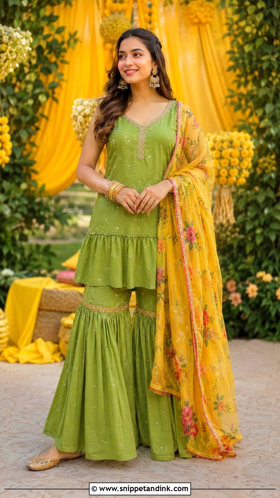 Green Sharara Haldi Carnival Outfit - Snippet and Ink - 25 Haldi Carnival Outfit Ideas
