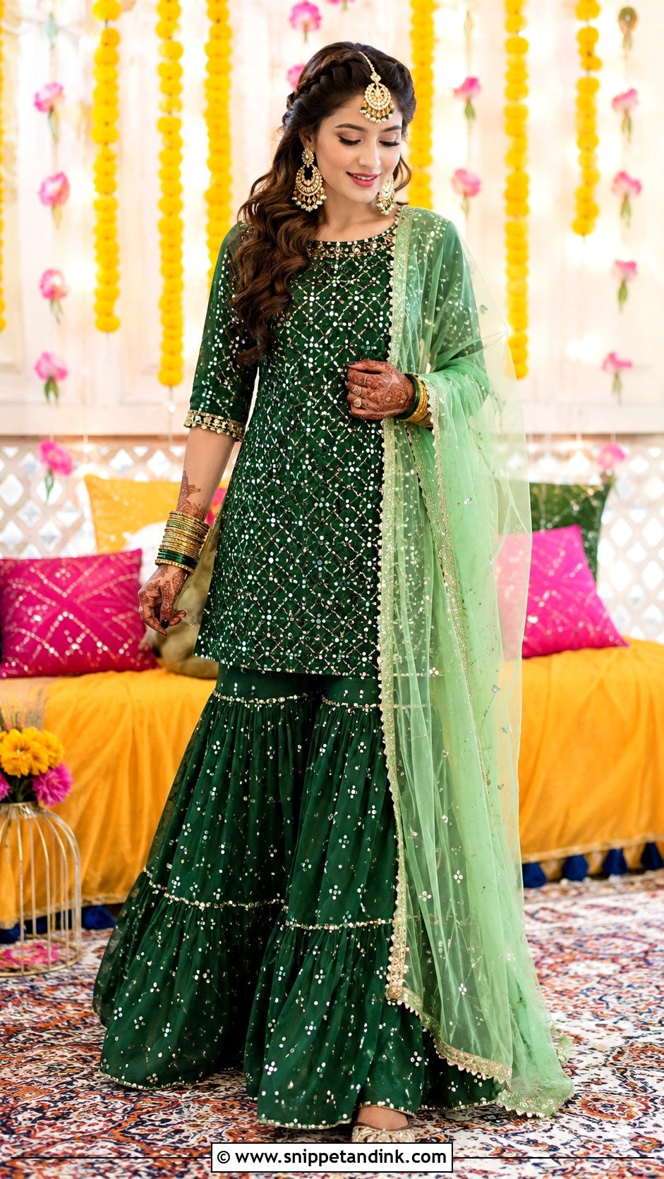 Green Sharara Mehandi Dress for Bride - Snippet and Ink - 25 Mehandi Dress for Bride Ideas