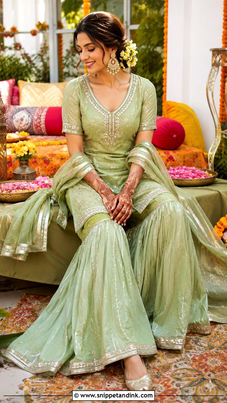 Green Sharara Mehndi Outfit - Snippet and Ink - 20 Indian Prewedding Outfit Ideas