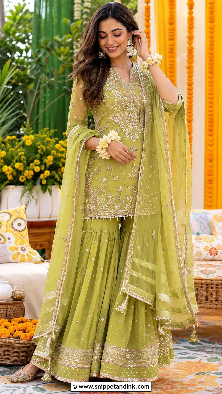 Green Sharara Mehndi Outfit - Snippet and Ink - 20 Mehndi Day Outfits