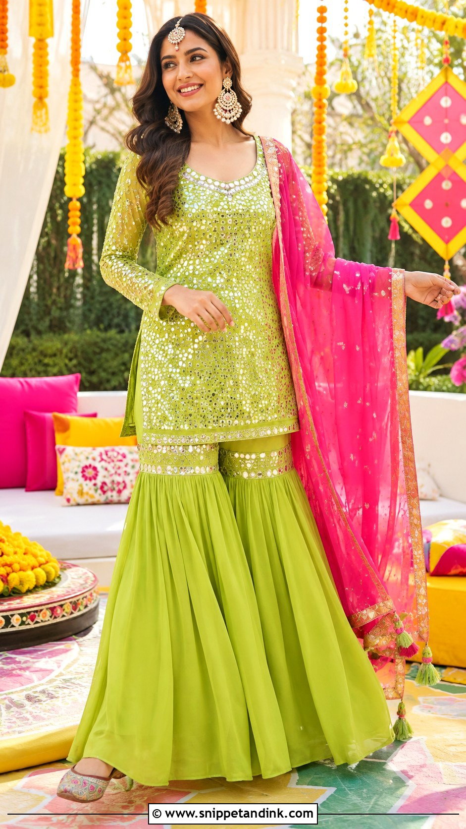 Green Sharara Set For Mehndi Function - Snippet and Ink - 20 Marrige Function Outfit Ideas