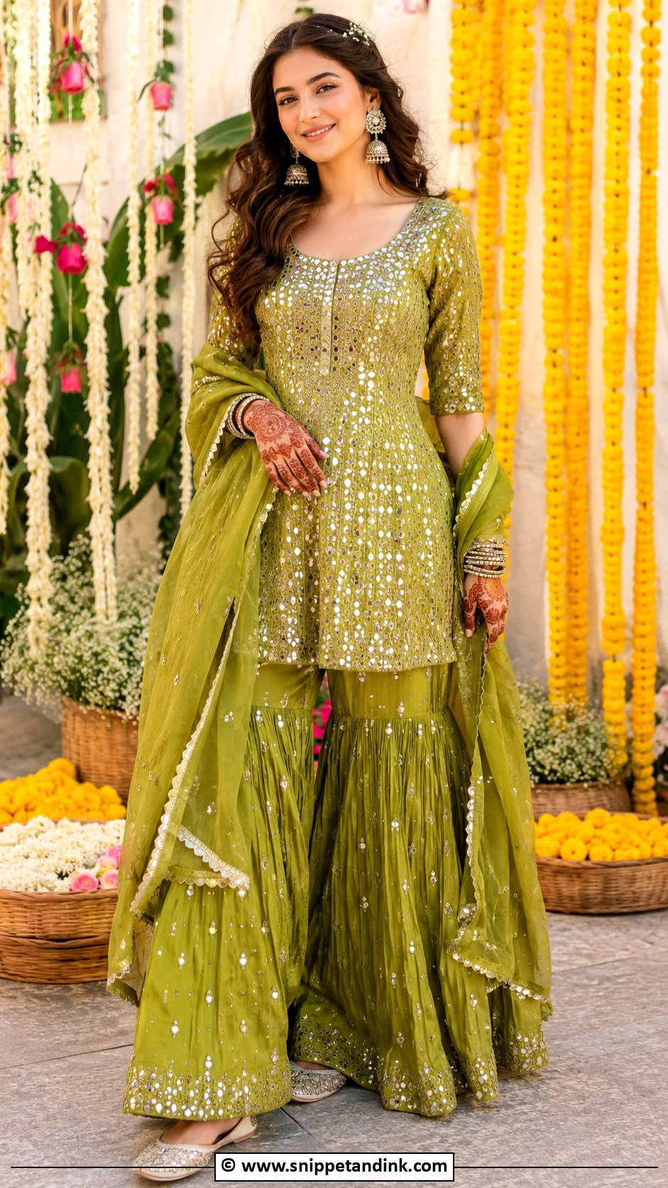 Green Sharara With Mirror Work For Mehendi - Snippet and Ink - 30 Mehendi Dress Ideas
