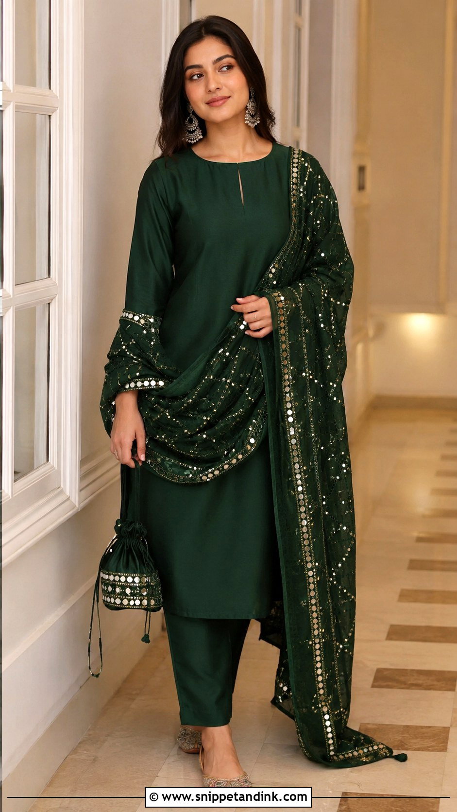 Green Simple Suit With Mirror Work Dupatta - Snippet and Ink - 30 Simple Suit with Heavy Dupatta Ideas