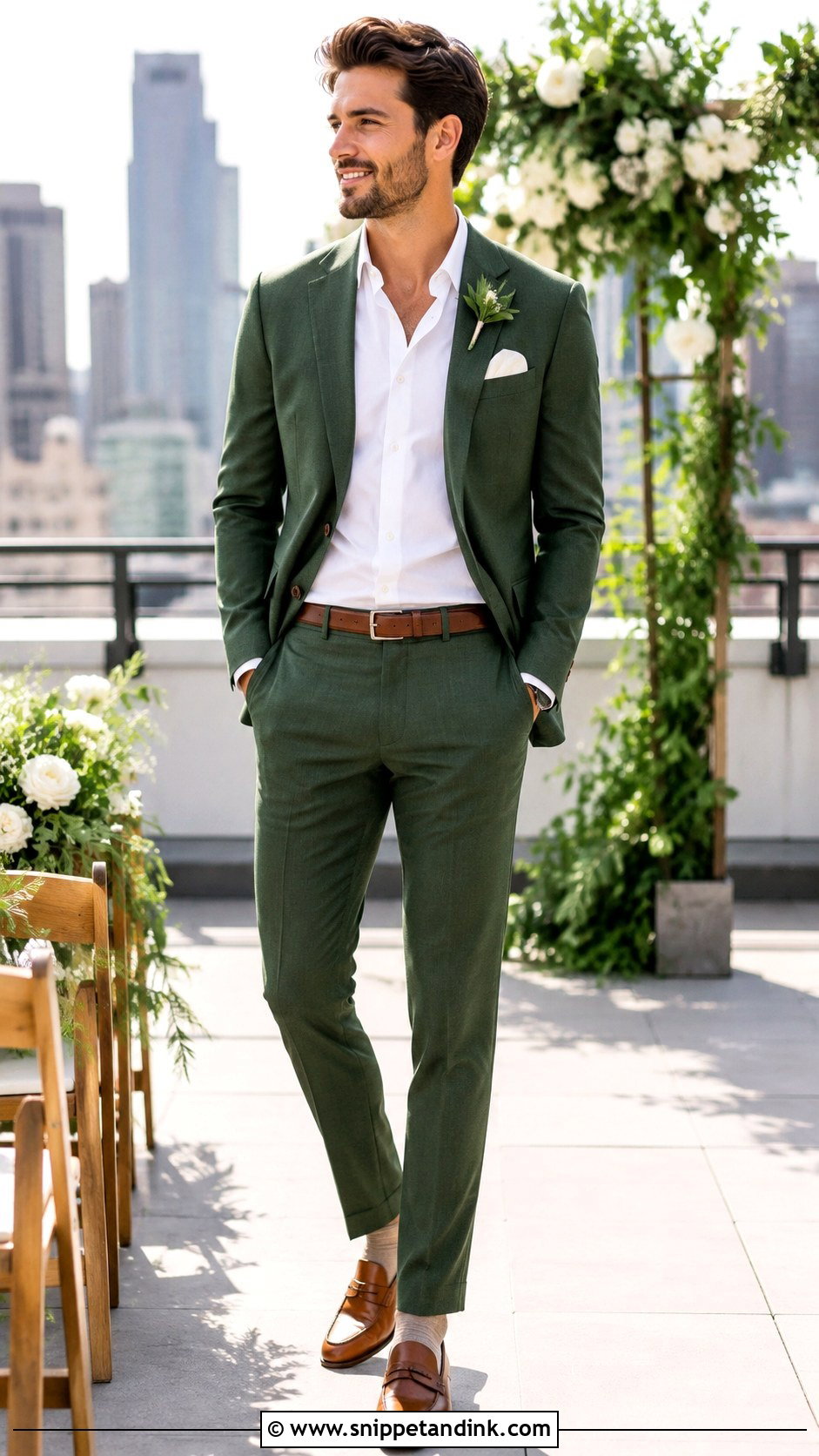 Green Suit With No Tie - Snippet and Ink - 20 Green Suit Wedding Party Ideas