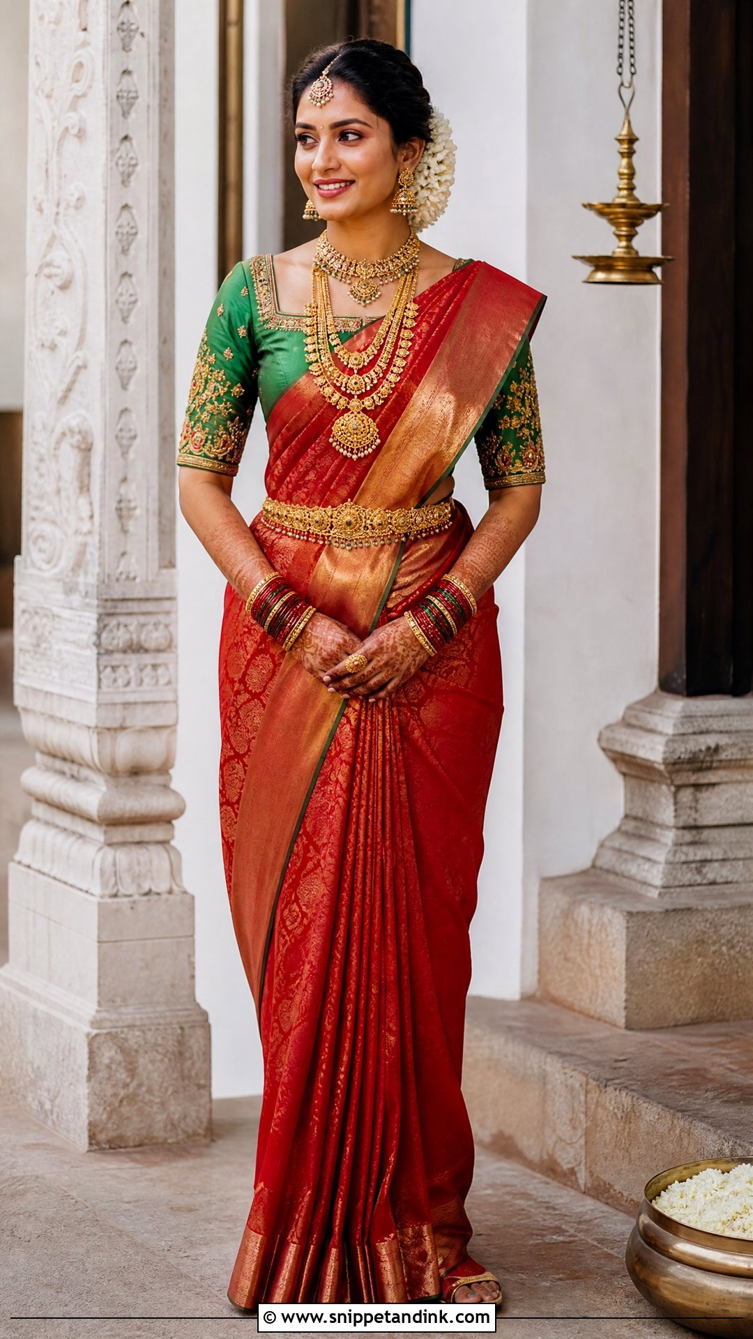 Green Temple Maggam Work Blouse With Red Silk Saree - Snippet and Ink - 20 Wedding Maggam Work Blouse Designs