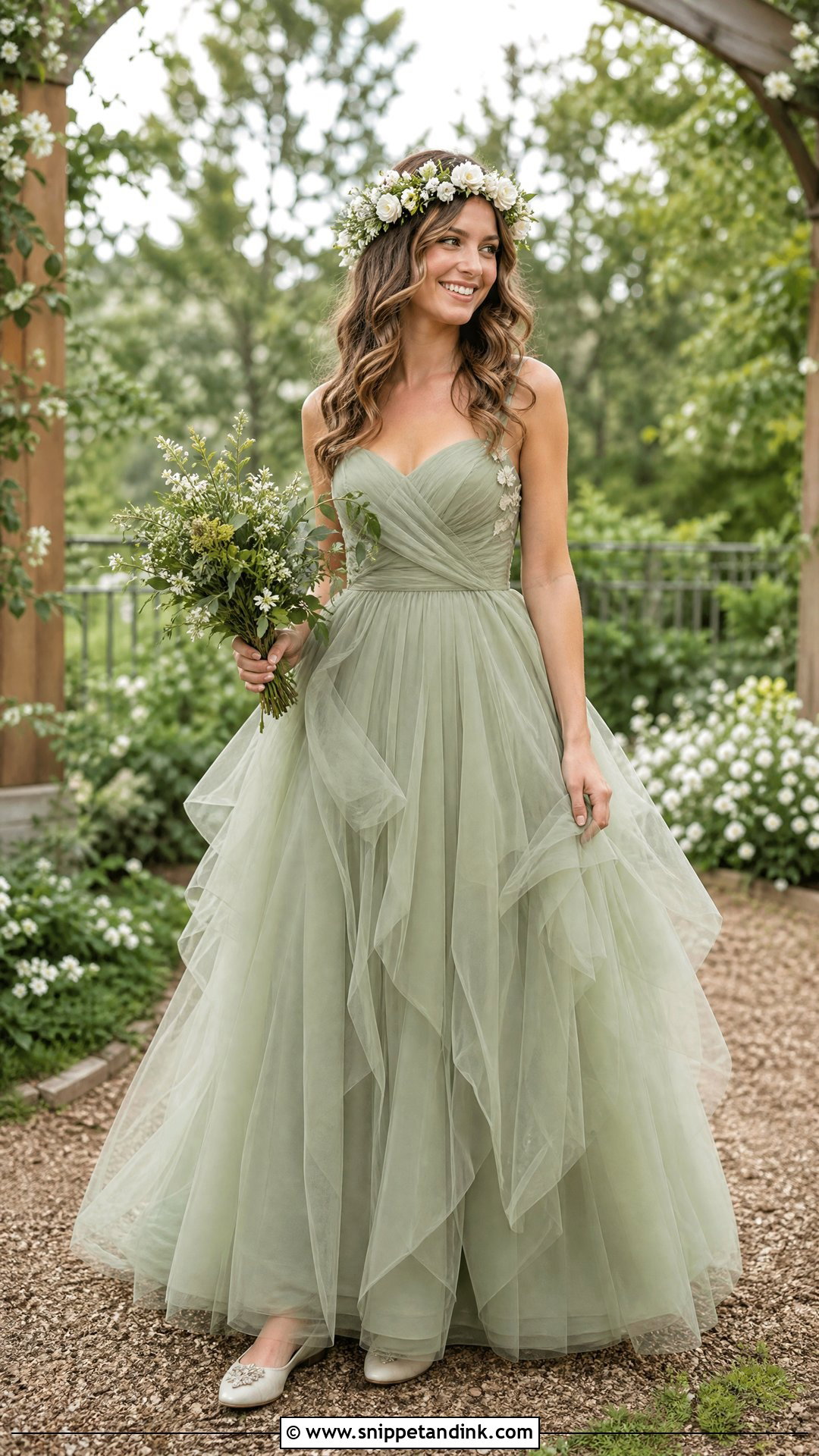 Green Tulle Wedding Dress With Floral Crown - Snippet and Ink - 25 Green Wedding Dress for Bride Ideas
