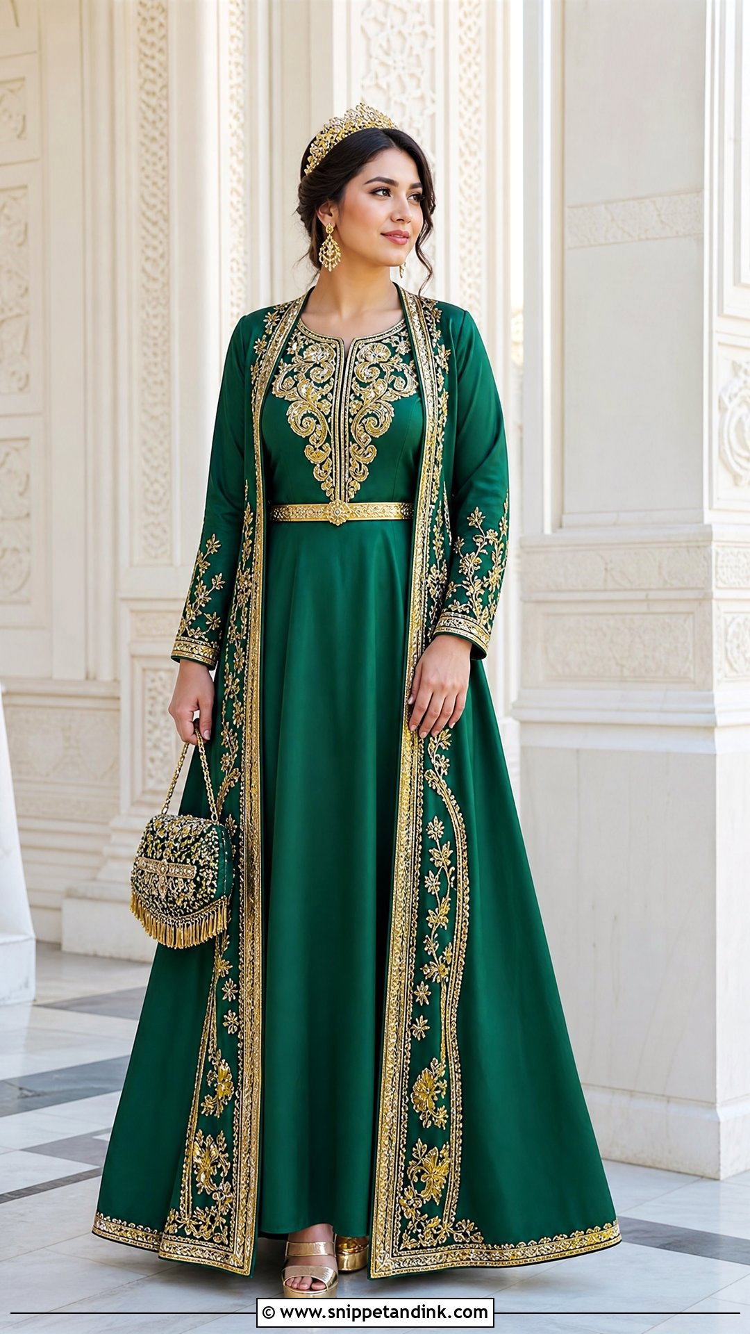 Green Uzbek Wedding Dress With Gold Accessories - Snippet and Ink - 20 Uzbek Wedding Dress Ideas