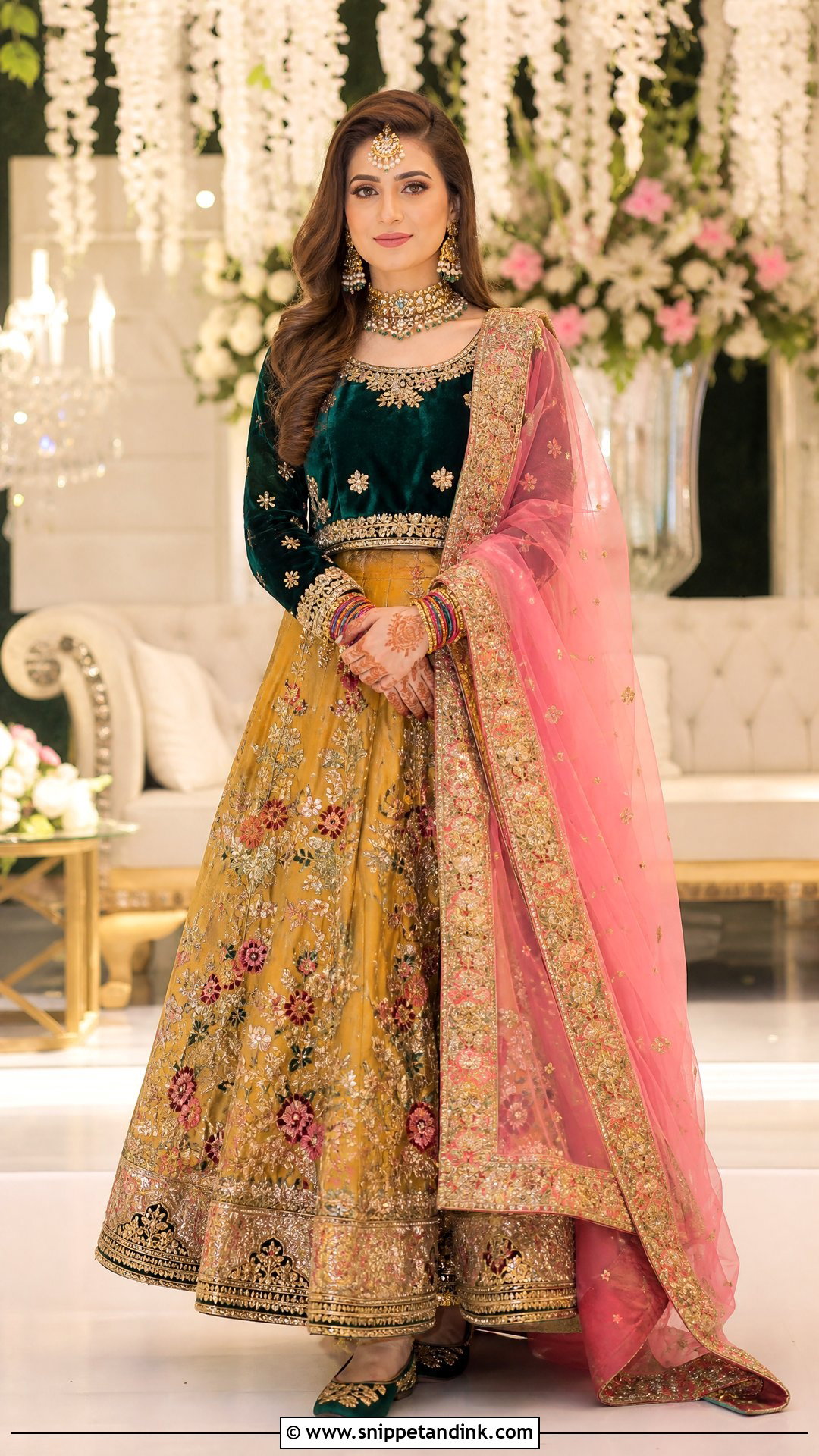 Green Velvet Choli And Silk Lehenga - Snippet and Ink - 20 Pakistani Bridal Mehndi Dress Ideas