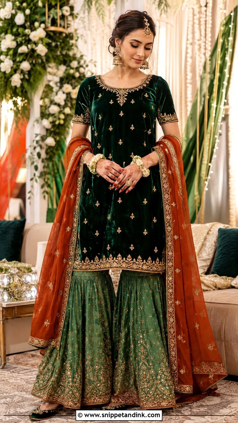 Green Velvet Gharara Mehndi Dress - Snippet and Ink - 20 Mehndi Dress for Bridal Ideas