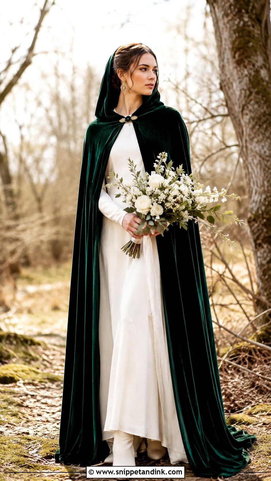 Green Velvet Hooded Wedding Cape With Ivory Gown - Snippet and Ink - 20 Wedding Cape with Hood Ideas