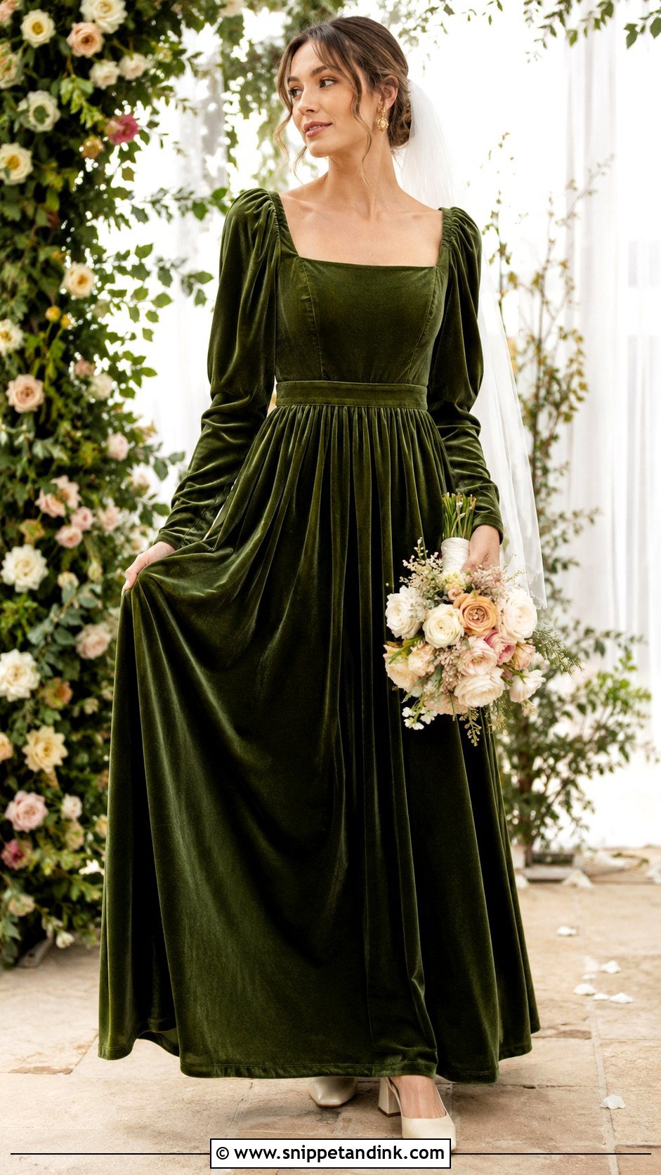Green Velvet Puff Sleeve Wedding Dress - Snippet and Ink - 20 Green Velvet Wedding Dress Ideas