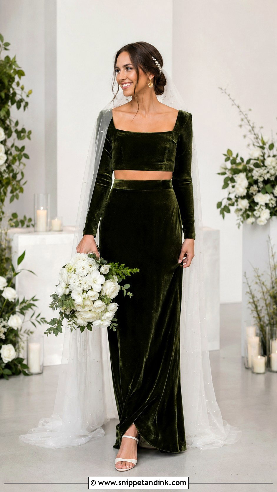 Green Velvet Two Piece Wedding Dress - Snippet and Ink - 20 Green Velvet Wedding Dress Ideas