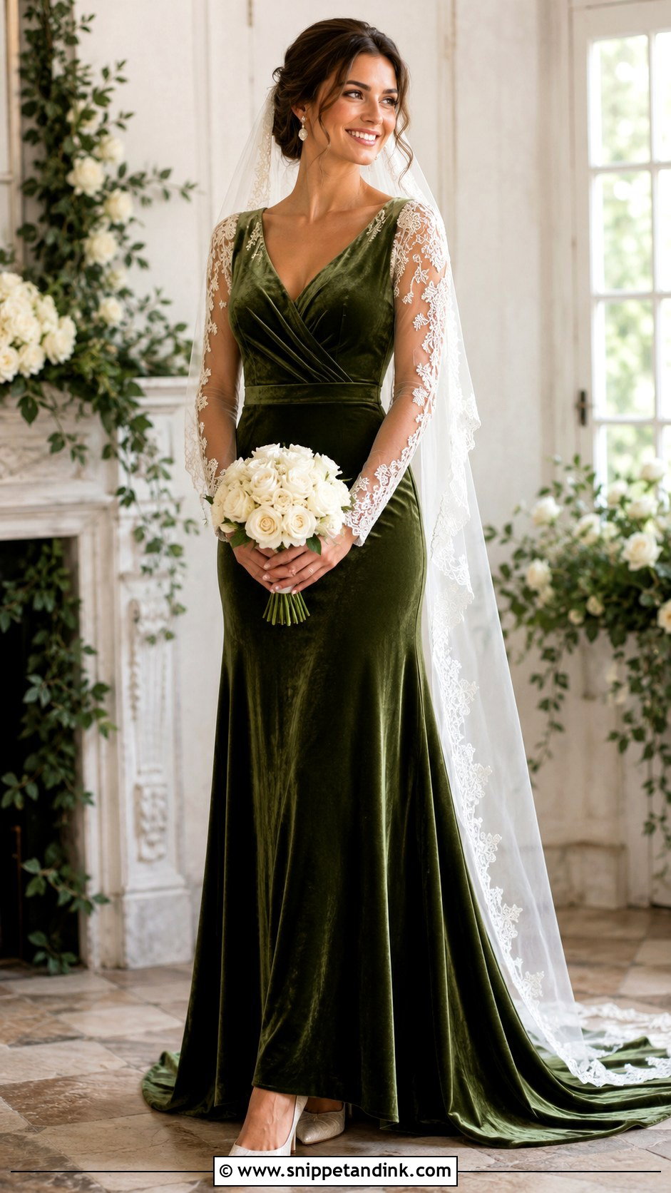 Green Velvet Wedding Dress With Lace Sleeves - Snippet and Ink - 20 Green Velvet Wedding Dress Ideas