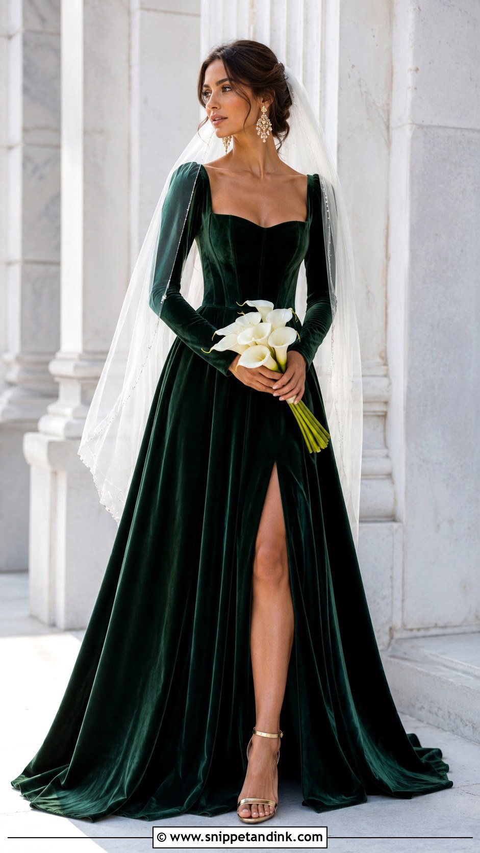 Green Velvet Wedding Dress With Slit - Snippet and Ink - 20 Green Velvet Wedding Dress Ideas