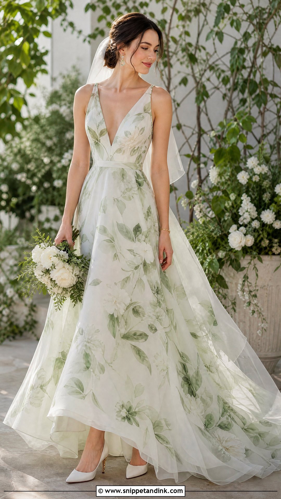 Green Watercolor Print Wedding Dress - Snippet and Ink - 20 Wedding Dress with Green Detail Ideas