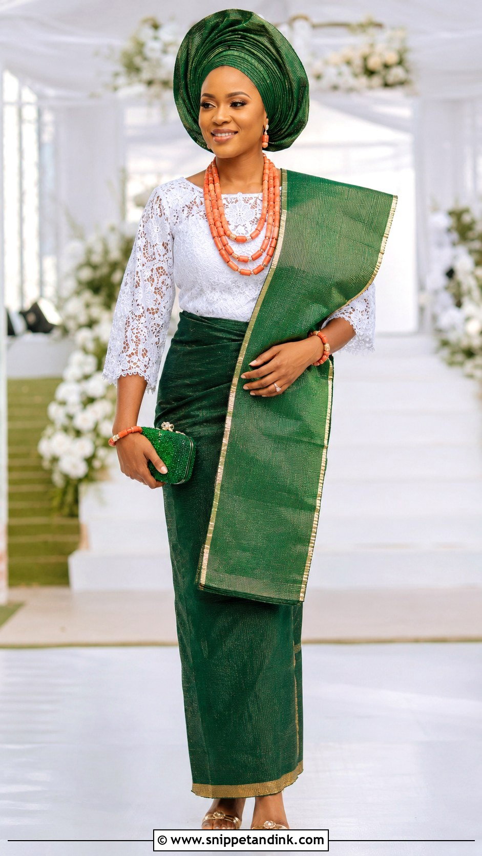 Green Wrapper And White Blouse Isoko Outfit - Snippet and Ink - 20 Isoko Traditional Wedding Attire Ideas