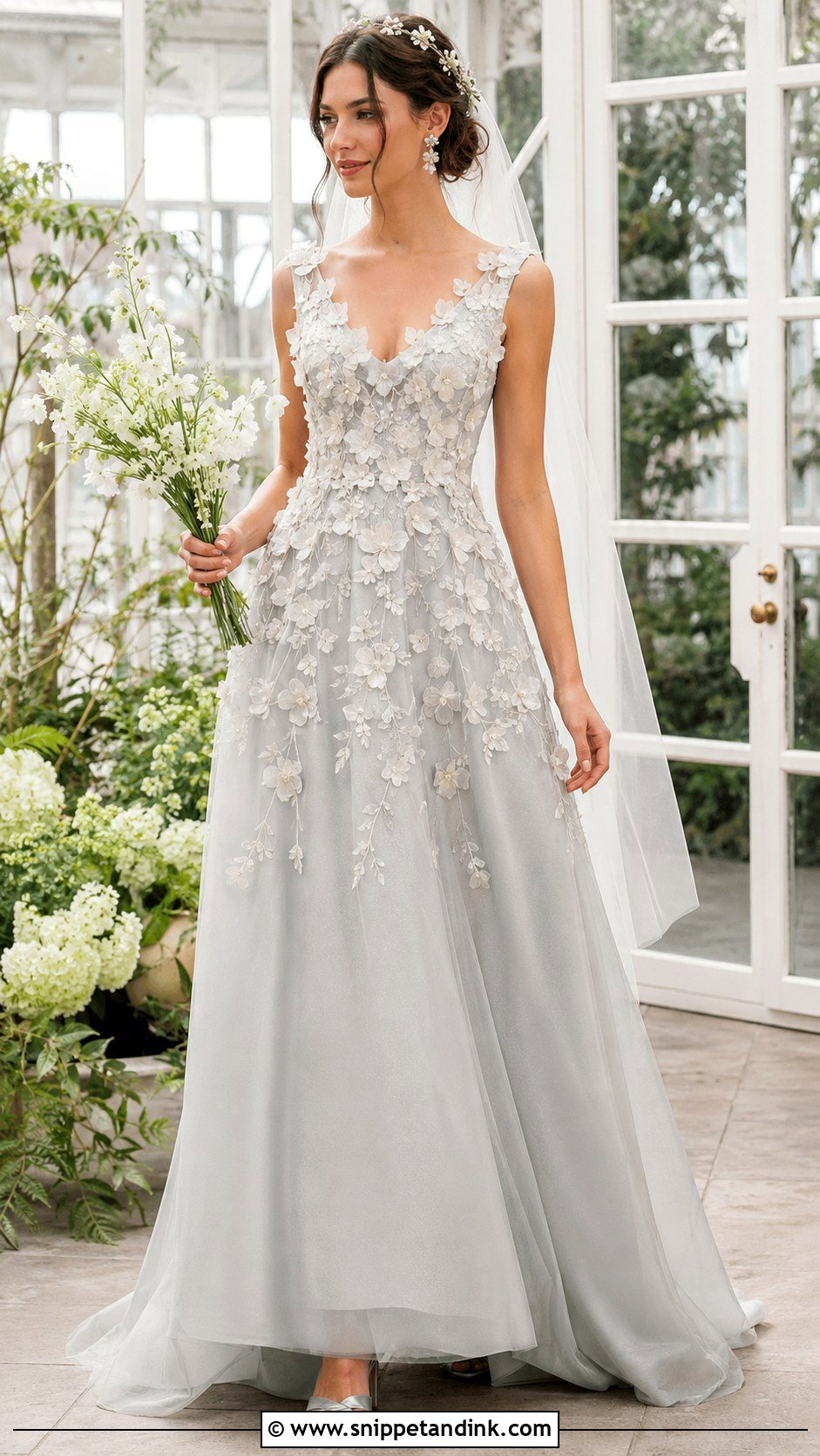 Grey Floral Applique Bridal Dress - Snippet and Ink - 20 Grey Bridal Dress Ideas