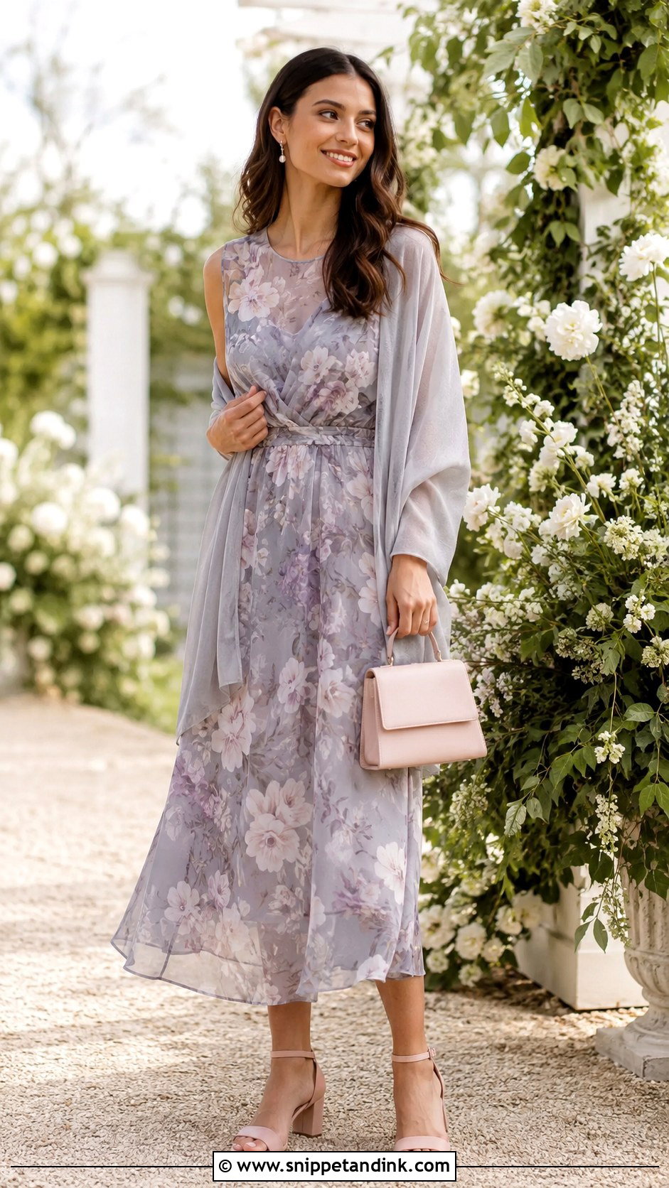 Grey Floral Chiffon Midi Dress Wedding Outfit - Snippet and Ink - 20 Grey Dress Outfit Wedding Ideas
