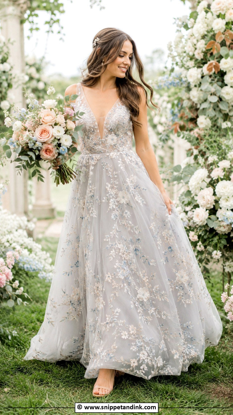 Grey Floral Embroidered Wedding Dress - Snippet and Ink - 30 Grey Wedding Dress Ideas