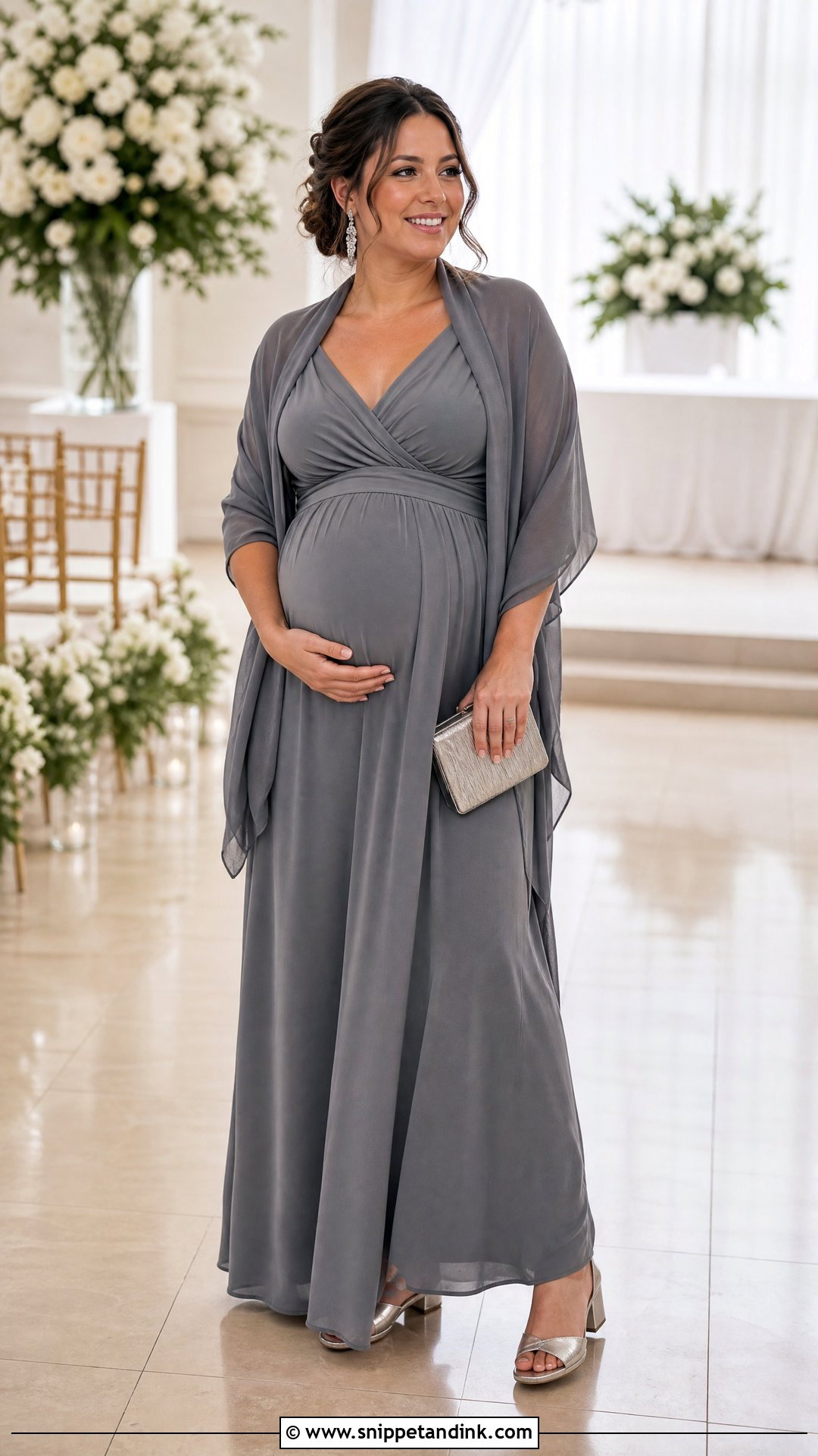 Grey Maternity Wrap Maxi Dress Wedding Outfit - Snippet and Ink - 20 Grey Dress Outfit Wedding Ideas