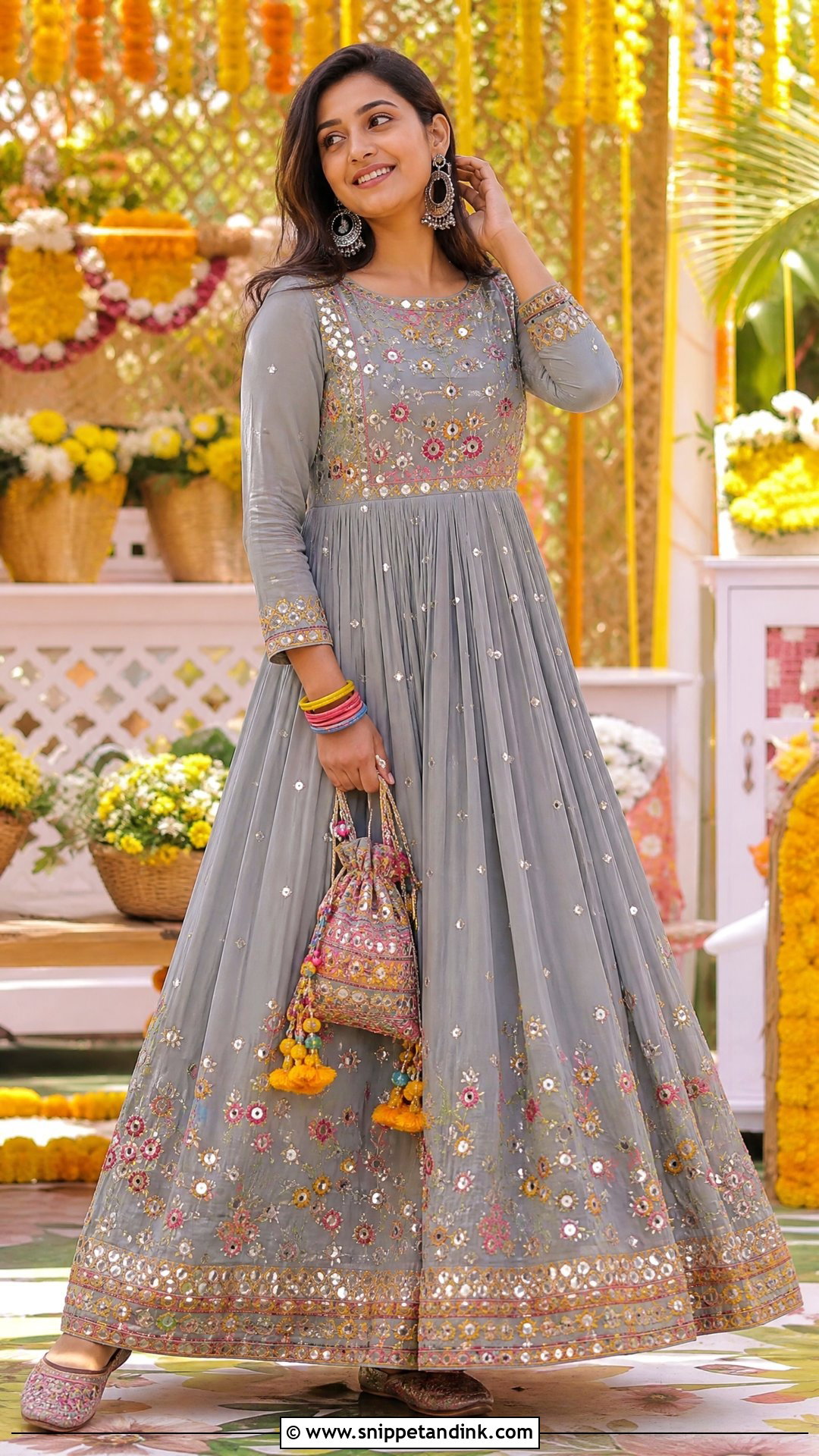 Grey Mirror Work Gown For Mehendi - Snippet and Ink - 20 Grey Gown Indian Wedding Ideas