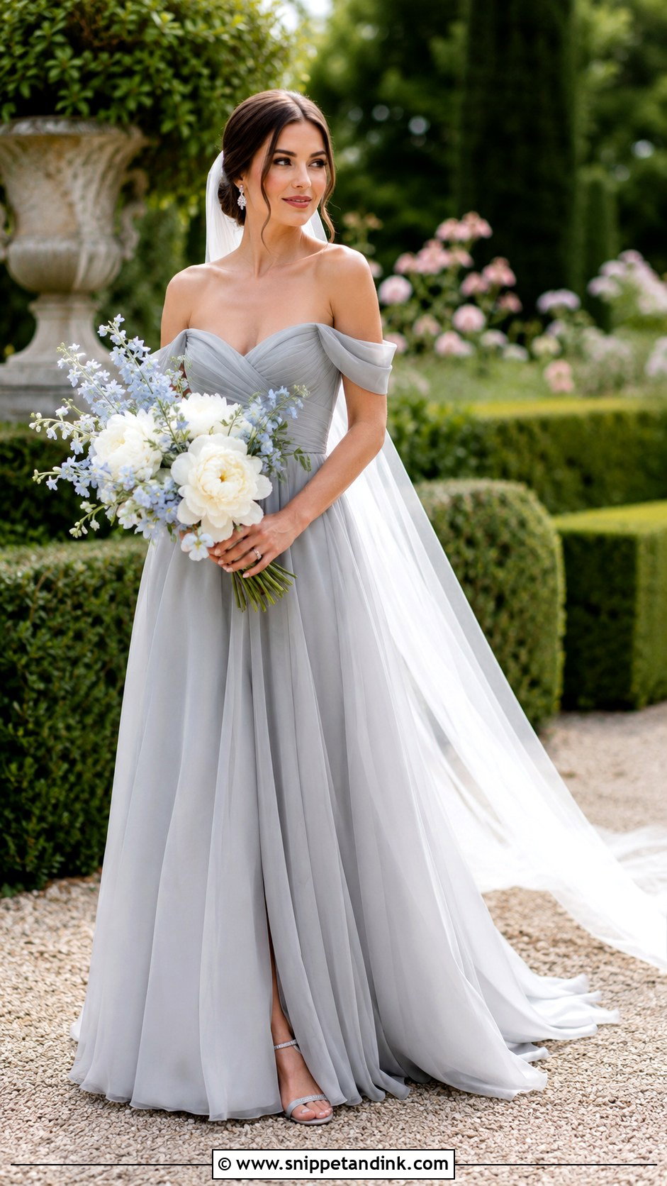 Grey Off Shoulder Bridal Dress - Snippet and Ink - 20 Grey Bridal Dress Ideas