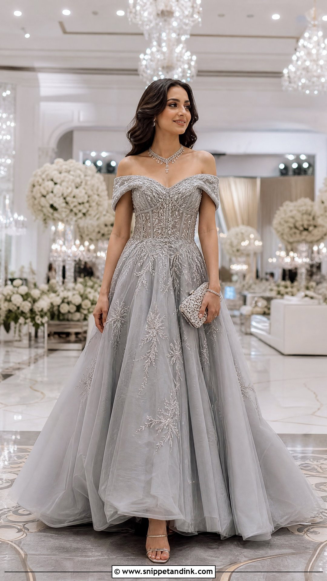 Grey Off Shoulder Gown For Reception - Snippet and Ink - 20 Grey Gown Indian Wedding Ideas