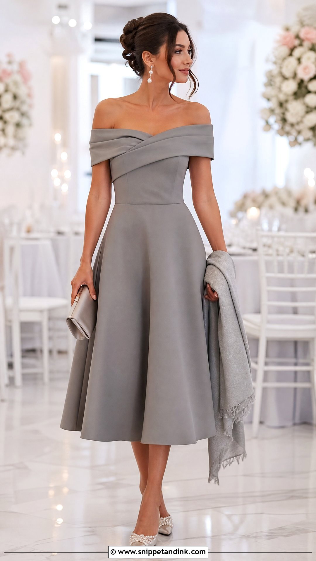 Grey Off Shoulder Midi Dress Wedding Outfit - Snippet and Ink - 20 Grey Dress Outfit Wedding Ideas