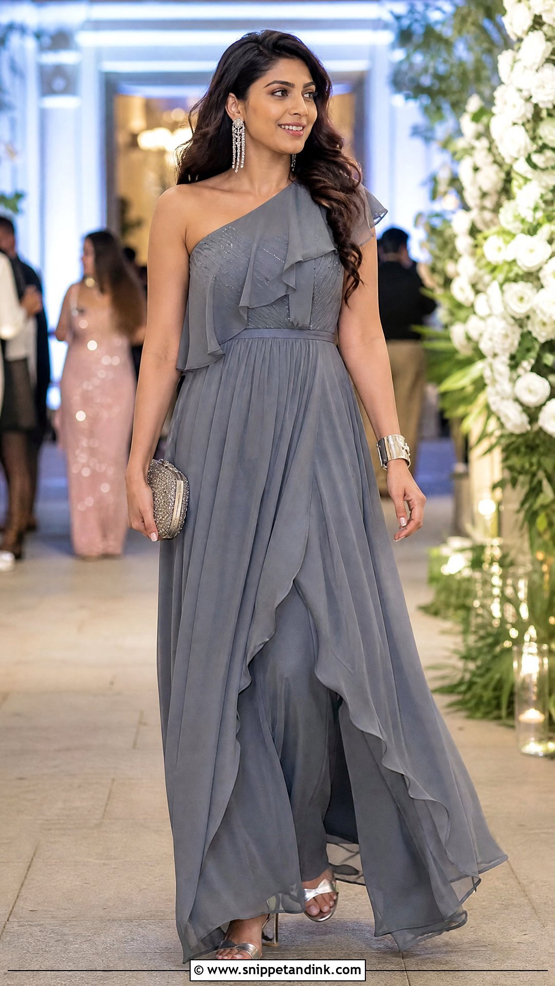 Grey One Shoulder Ruffle Gown For Sangeet - Snippet and Ink - 20 Grey Gown Indian Wedding Ideas