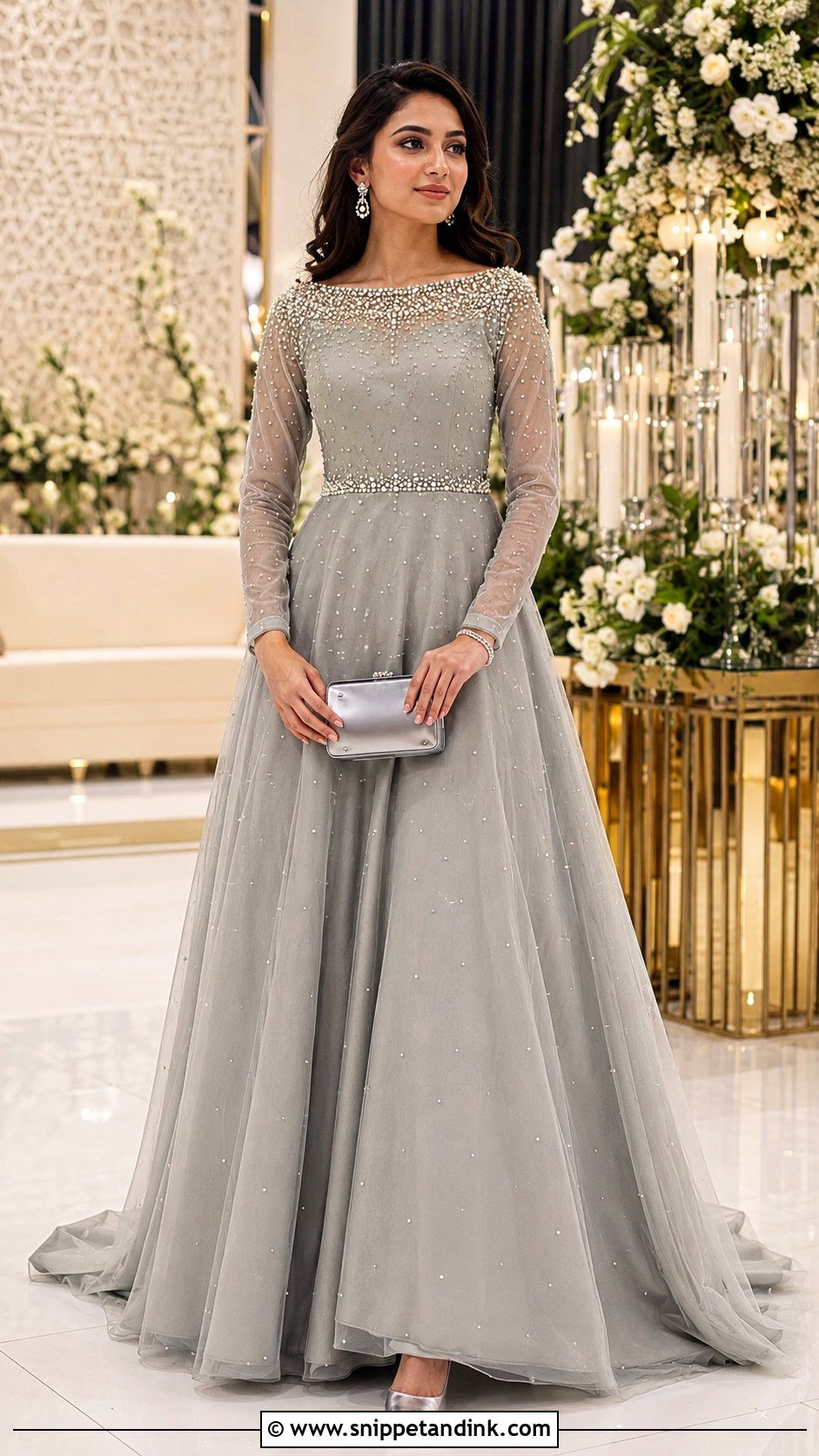 Grey Pearl Embellished Gown For Engagement - Snippet and Ink - 20 Grey Gown Indian Wedding Ideas