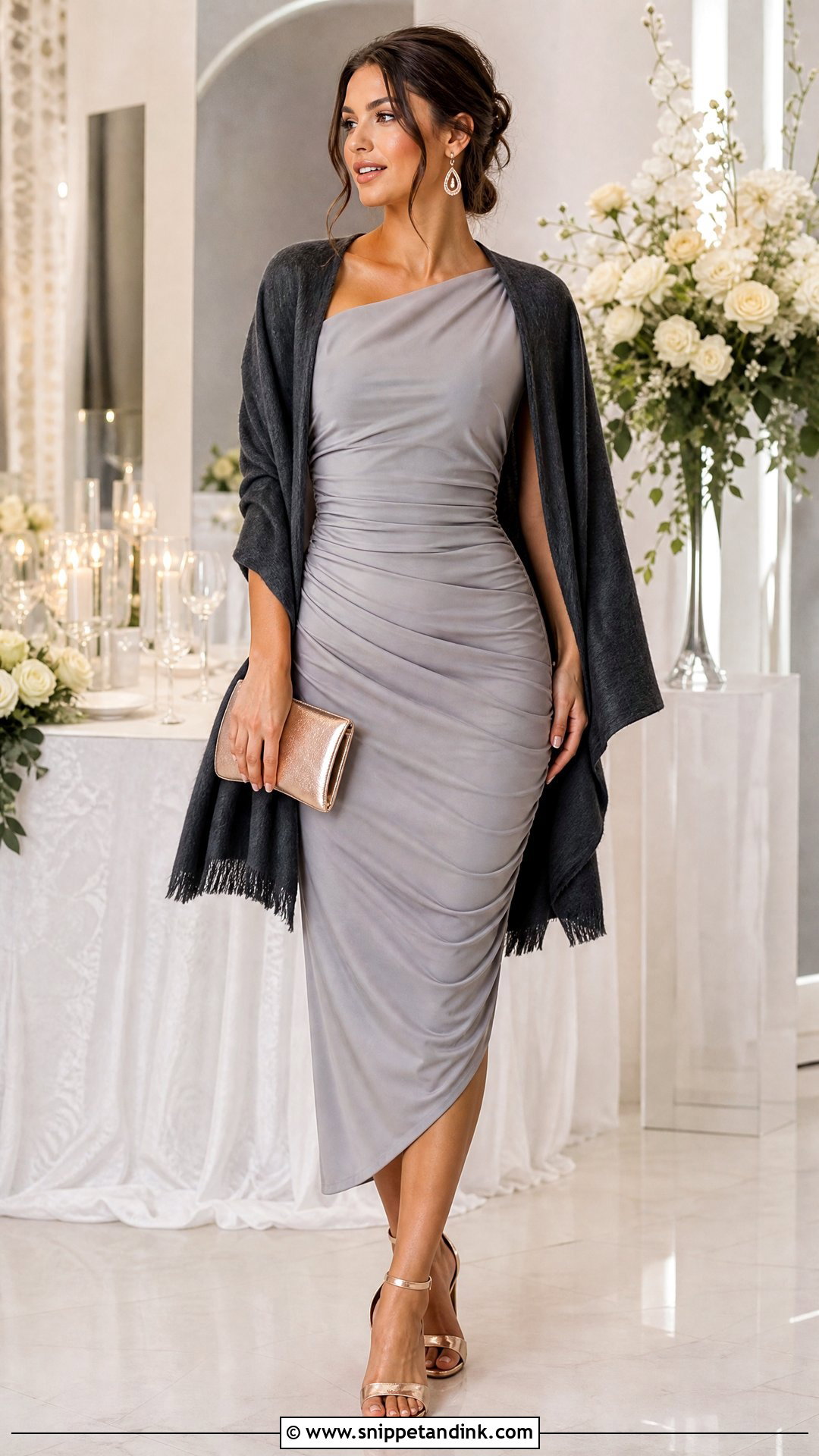 Grey Ruched Midi Dress Wedding Outfit - Snippet and Ink - 20 Grey Dress Outfit Wedding Ideas