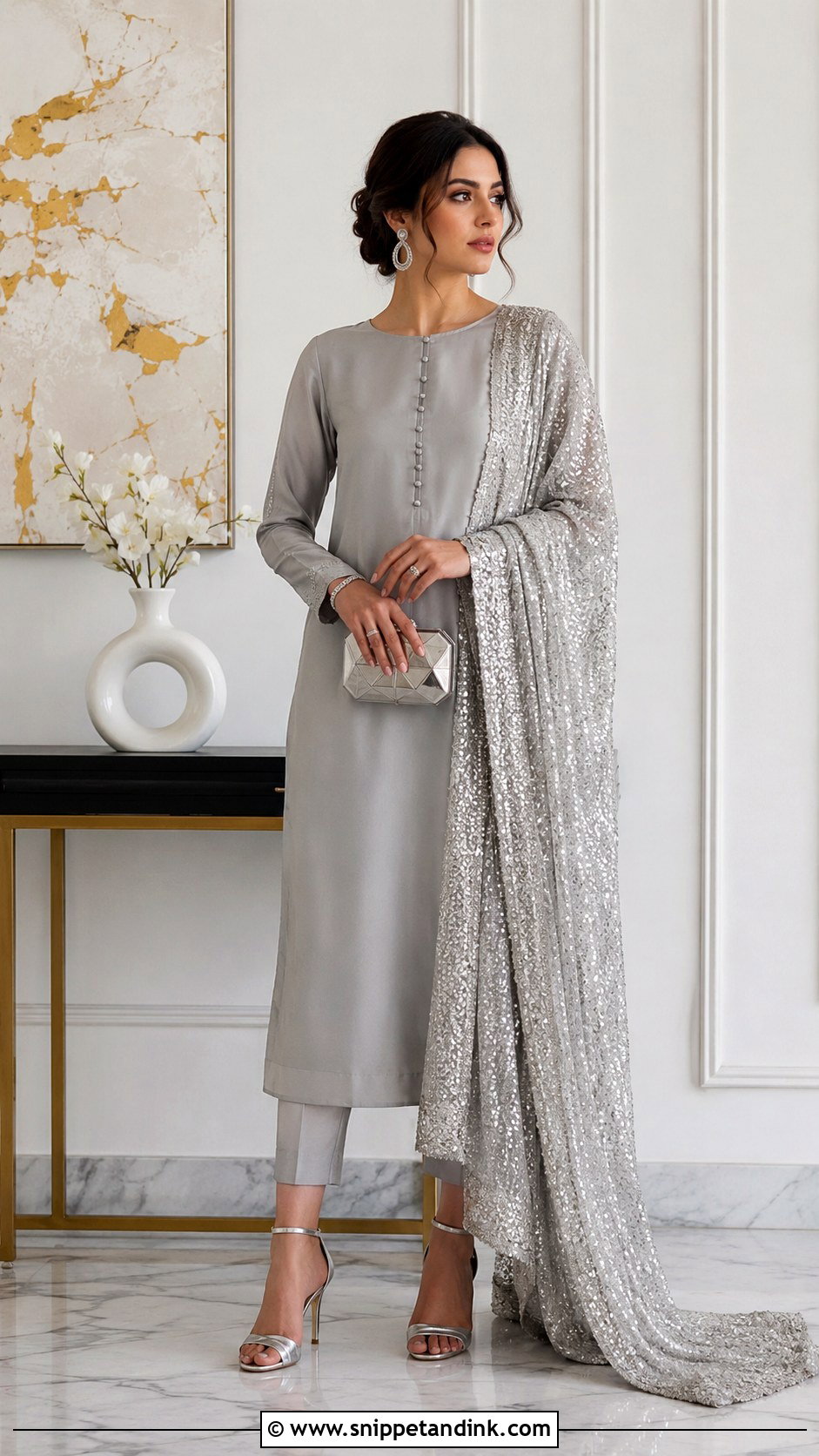 Grey Simple Suit With Heavy Sequin Dupatta - Snippet and Ink - 30 Simple Suit with Heavy Dupatta Ideas