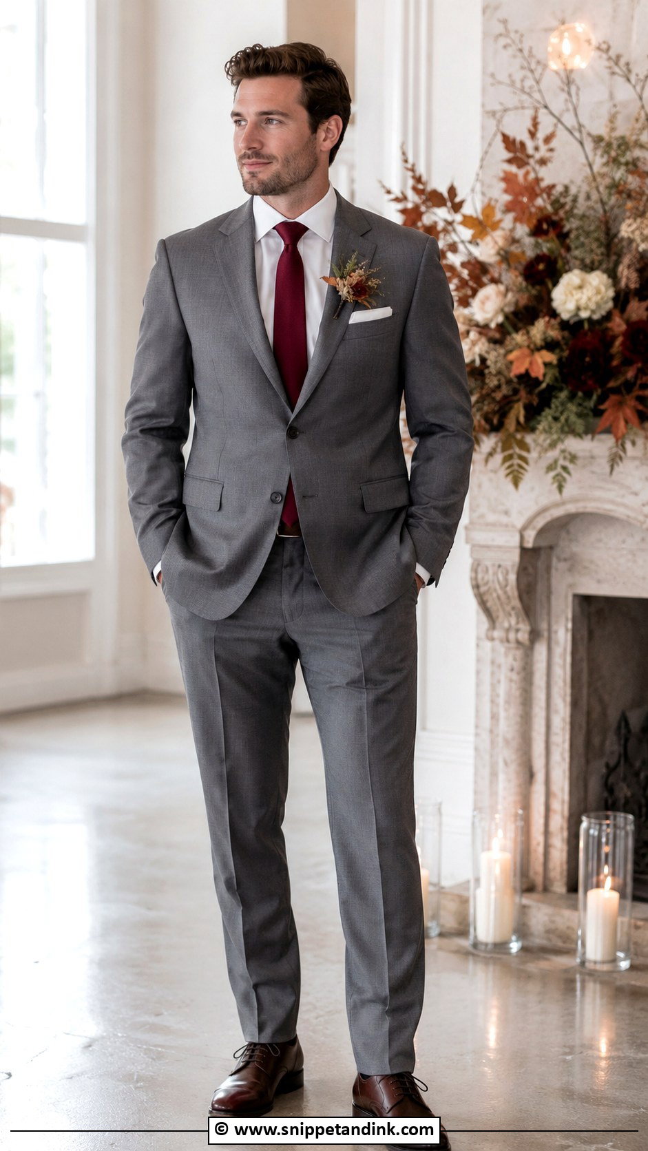 Grey Suit With Burgundy Tie - Snippet and Ink - 30 Grey Suit Wedding Ideas