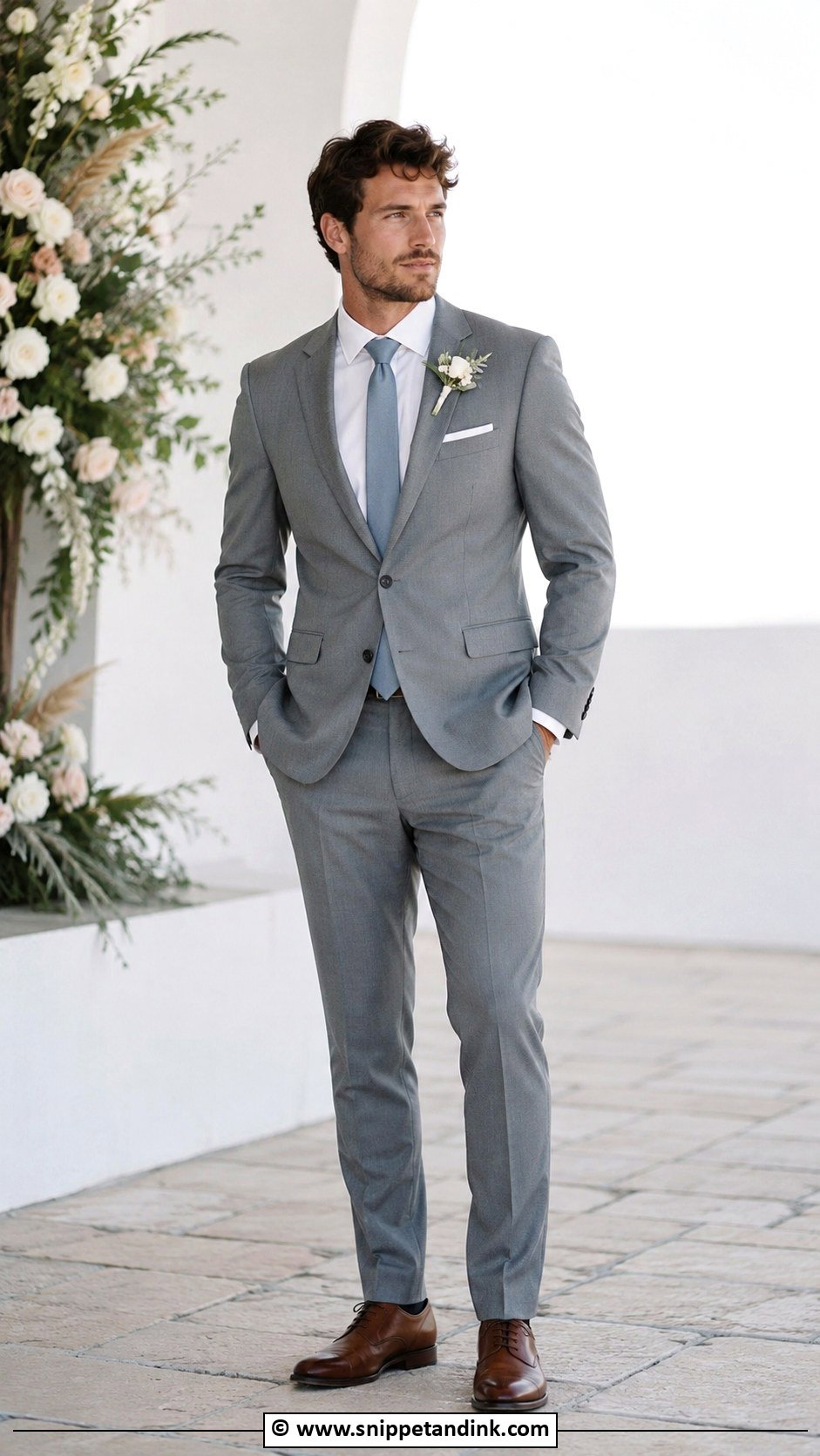 Grey Suit With Dusty Blue Tie - Snippet and Ink - 30 Grey Suit Wedding Ideas