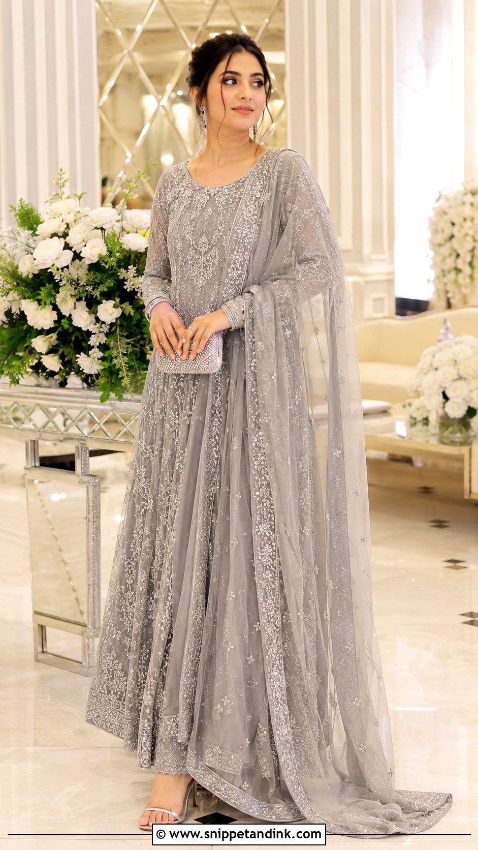 Grey Walima Maxi With Dupatta - Snippet and Ink - 25 Walima Outfit Ideas