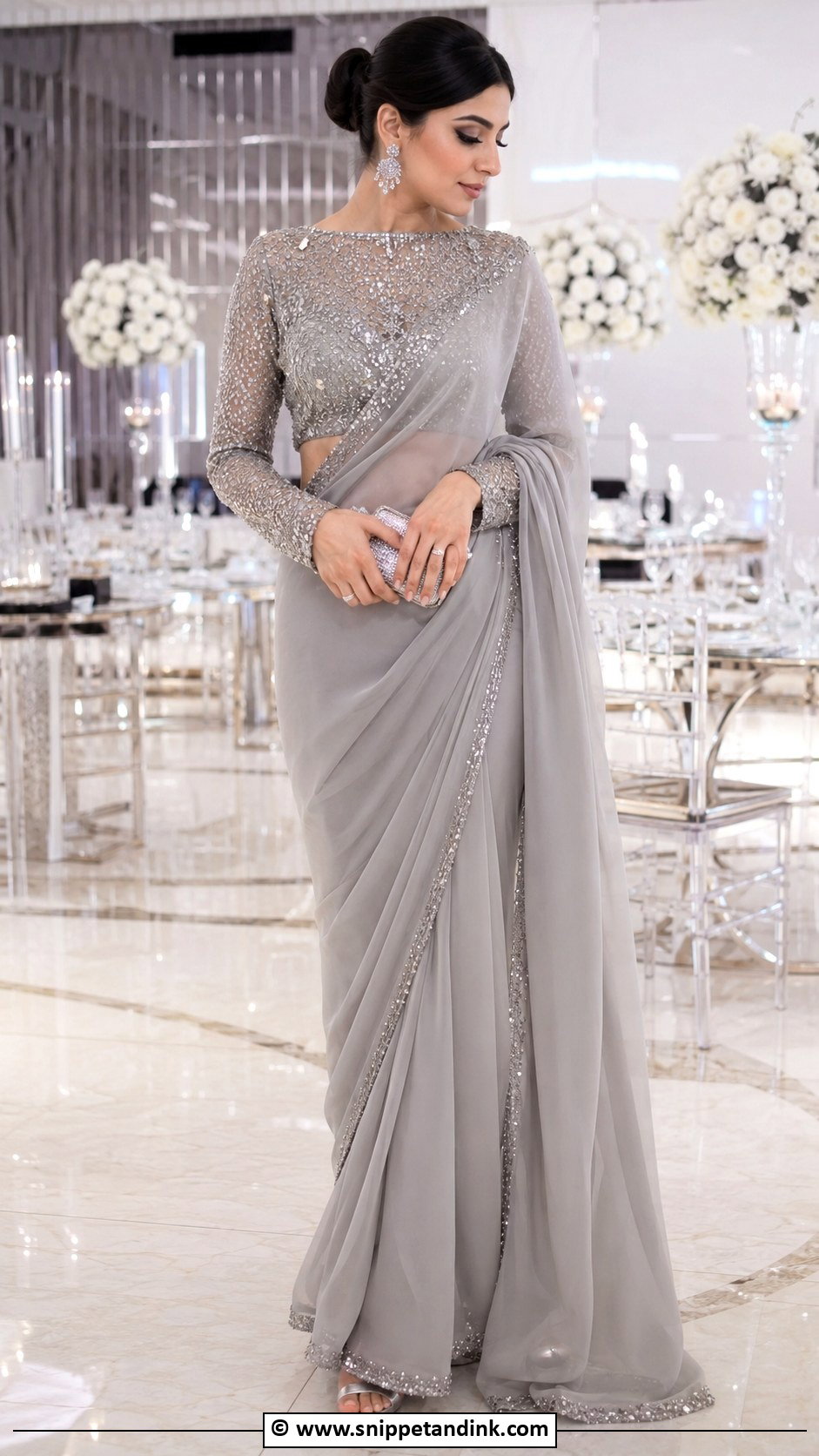 Grey Walima Saree With Embellished Blouse - Snippet and Ink - 35 Walima Dresses Pakistani Brides