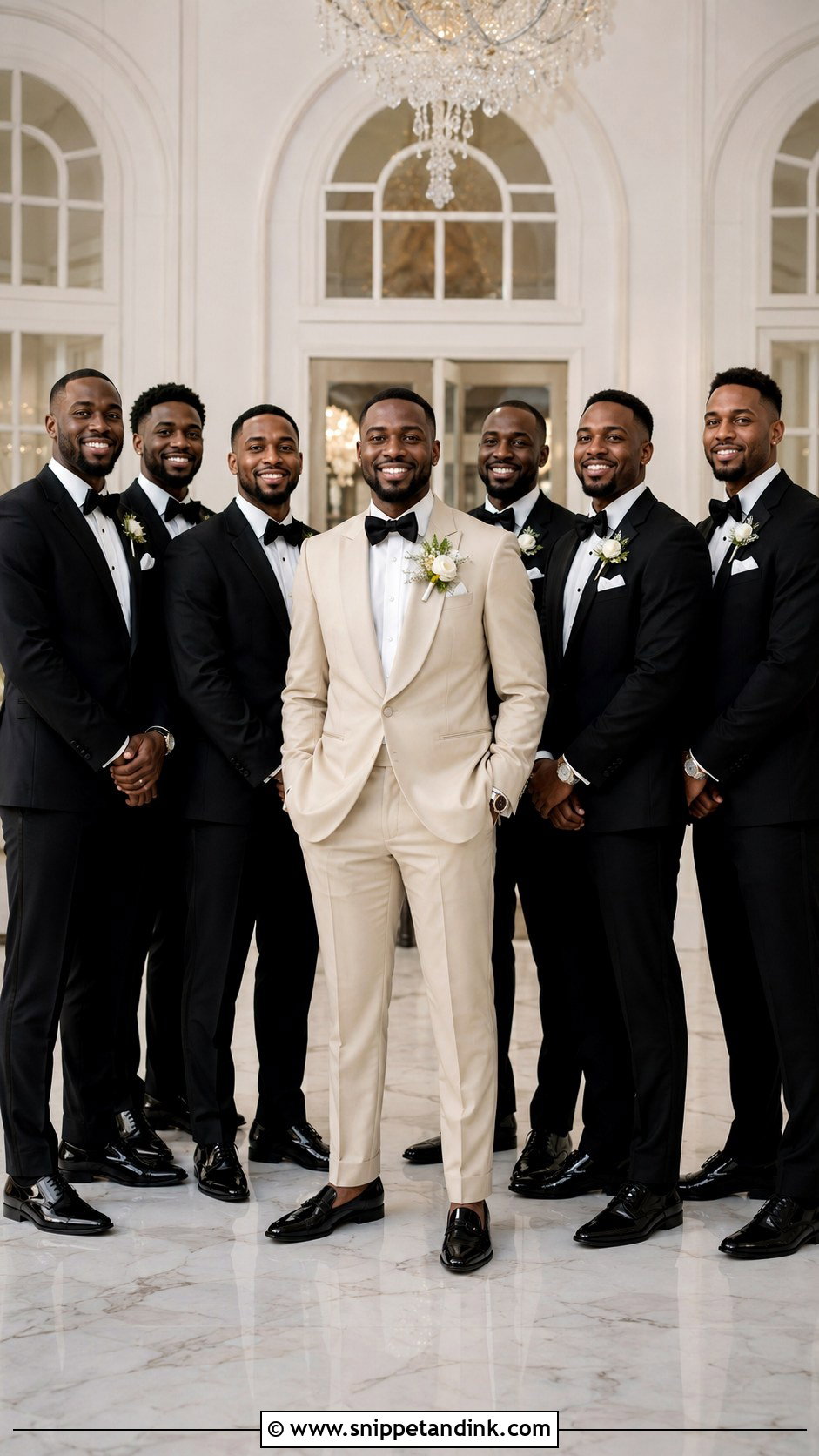 Groom Champagne Tuxedo With Black Groomsmen Tuxedos - Snippet and Ink - 20 Champagne Tuxedo Wedding Ideas