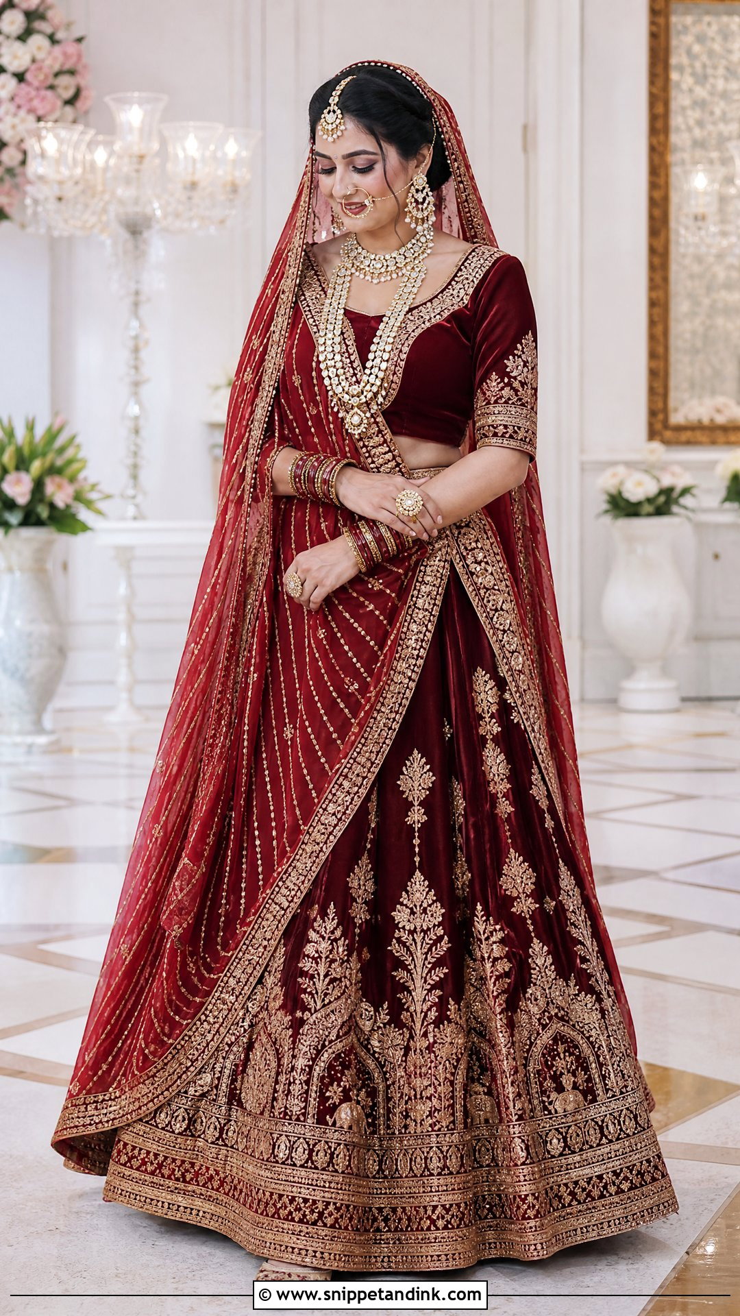 Gujarati Bride Maroon Velvet Lehenga - Snippet and Ink - 20 Gujrati Bride Outfit Ideas