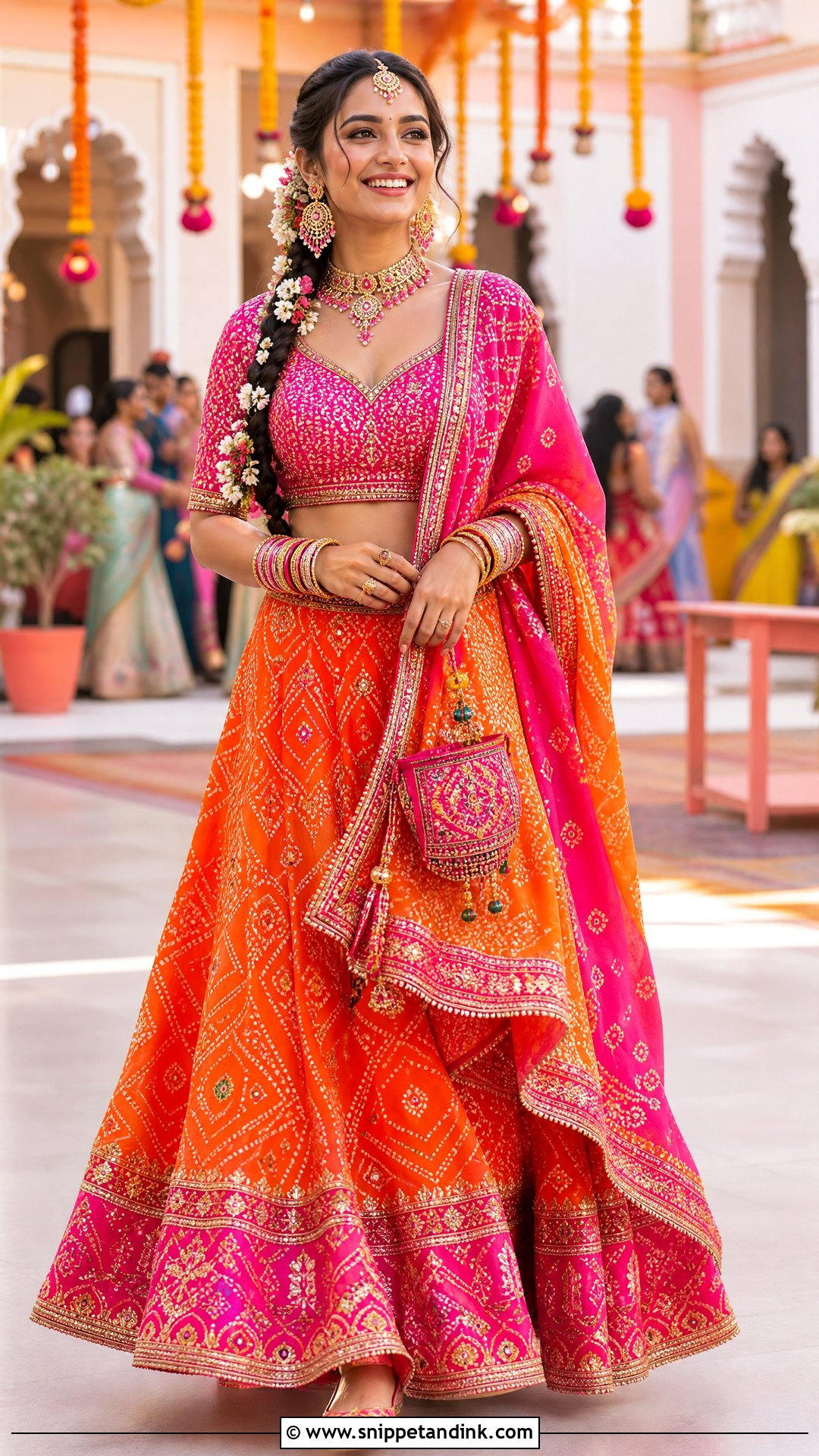 Gujarati Bride Orange Pink Bandhani Lehenga - Snippet and Ink - 20 Gujrati Bride Outfit Ideas