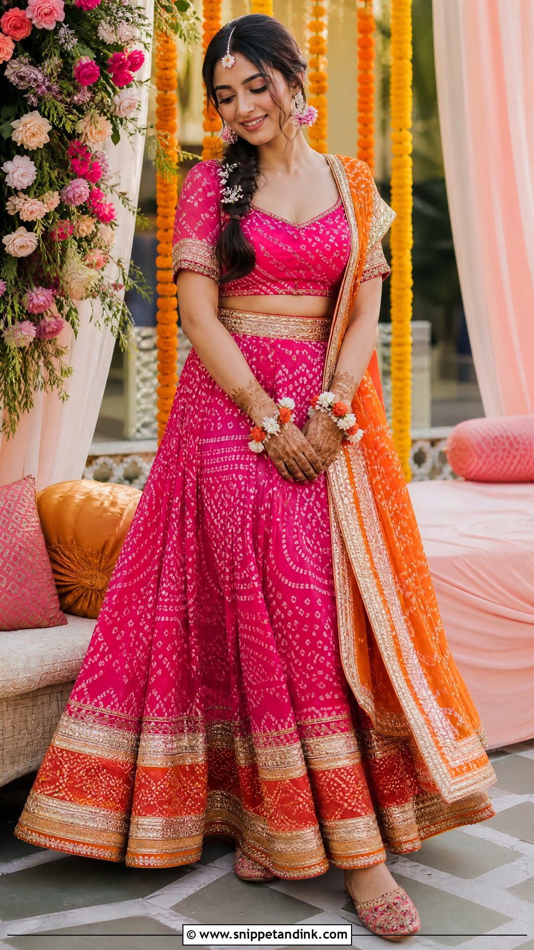 Gujarati Bride Pink Bandhani Mehndi Lehenga - Snippet and Ink - 20 Gujrati Bride Outfit Ideas