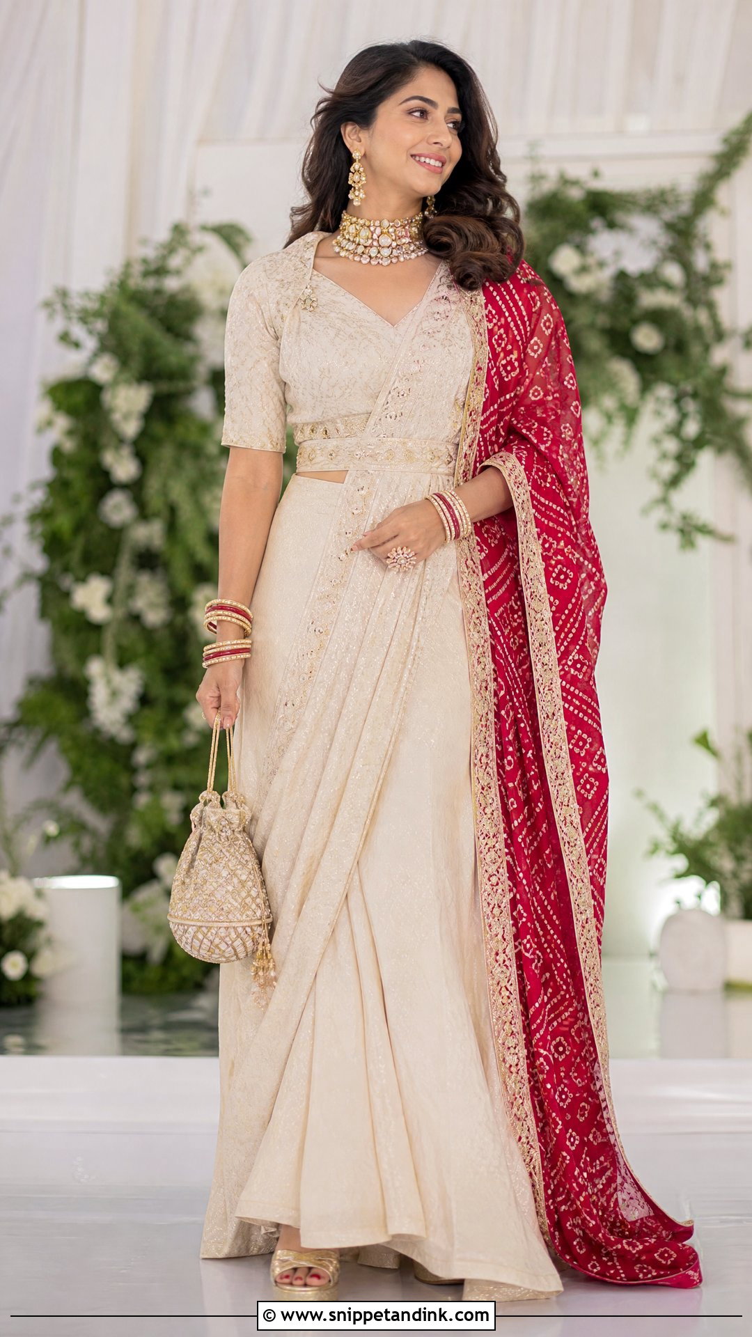 Gujarati Bride Saree Gown With Bandhani Dupatta - Snippet and Ink - 20 Gujrati Bride Outfit Ideas