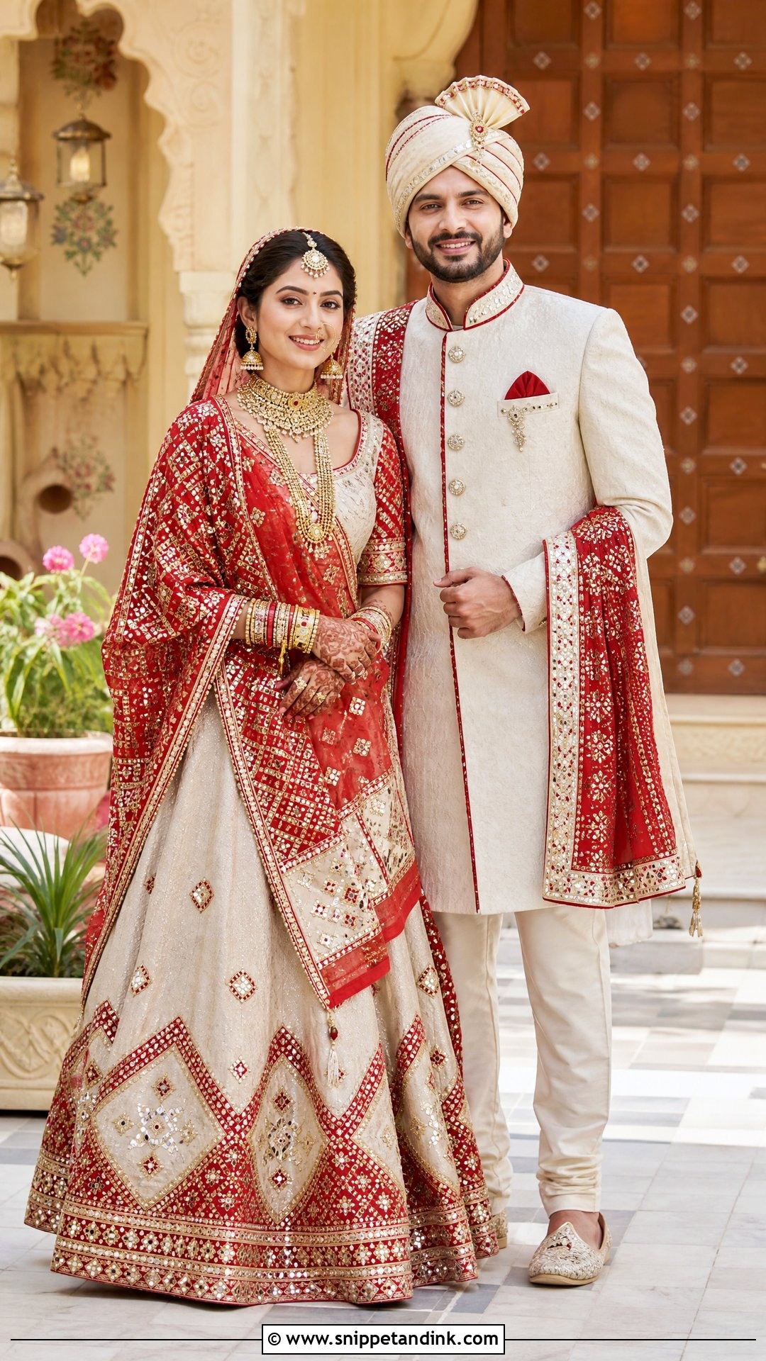Gujarati Panetar Lehenga And Ivory Sherwani Couple Outfit - Snippet and Ink - 20 Indian Bridal Couple Dress Ideas