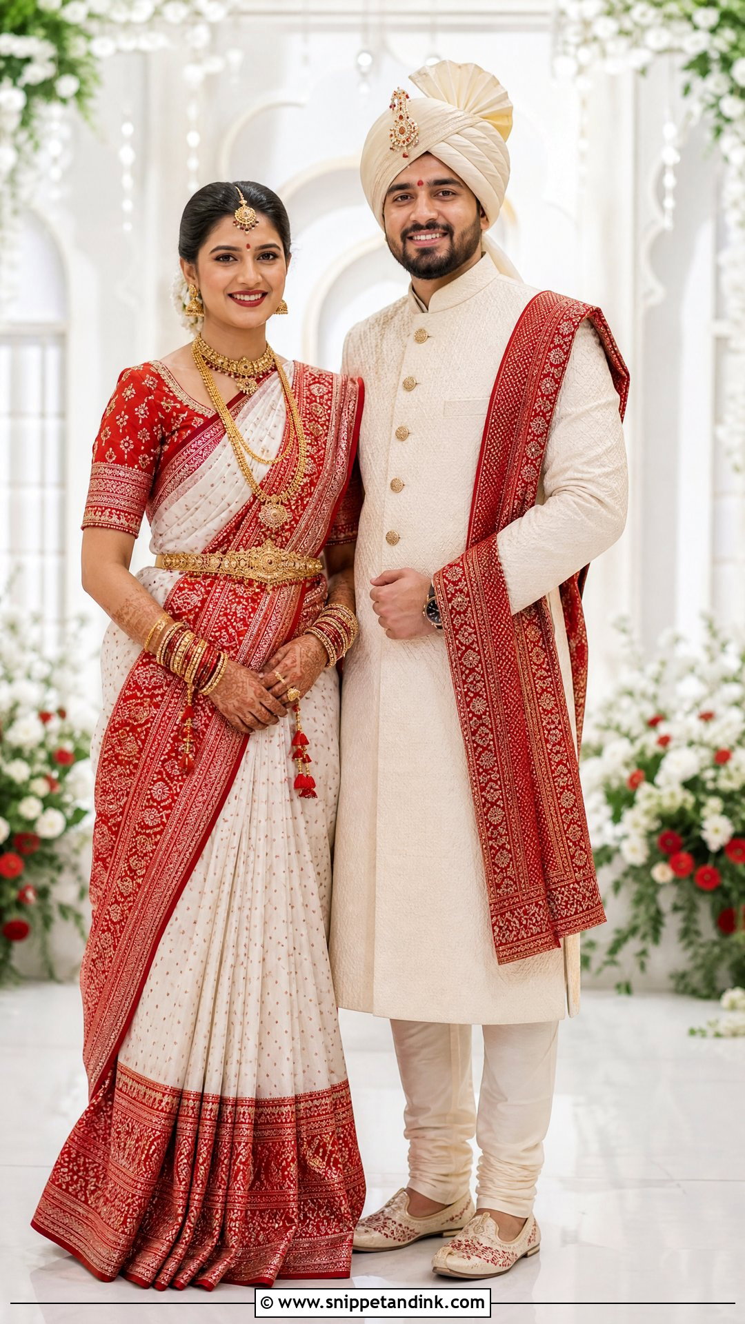 Gujarati Panetar Saree And Ivory Groom Achkan - Snippet and Ink - 25 Indian Wedding Couple Dress Ideas