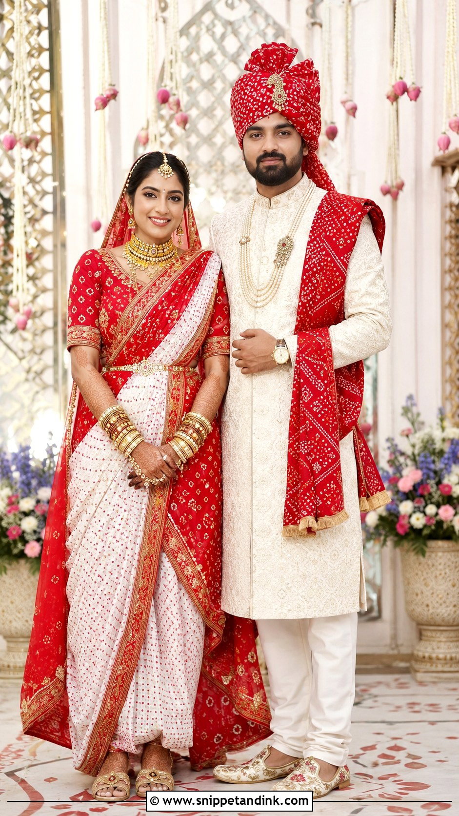 Gujarati Panetar Saree And Ivory Sherwani Outfit - Snippet and Ink - 20 Indian Couple Wedding Outfit Ideas
