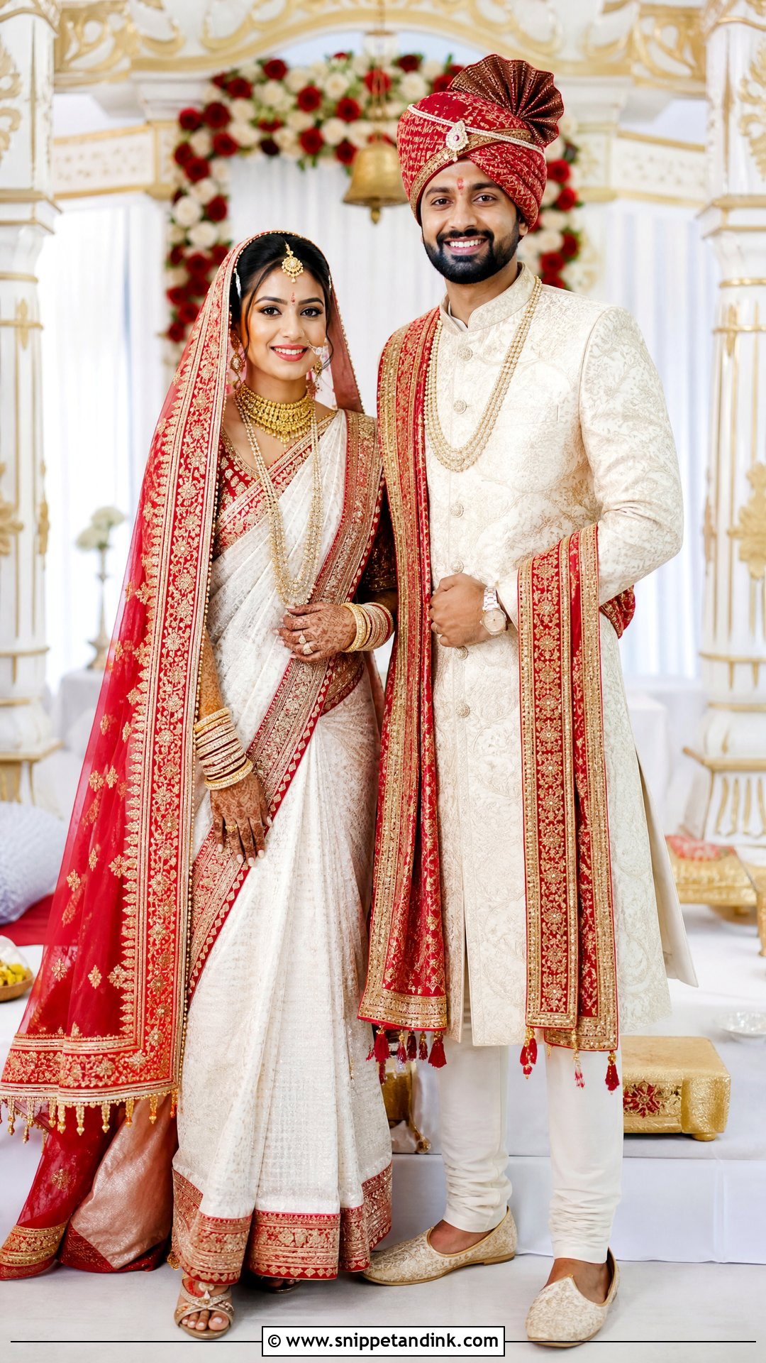 Gujarati Panetar Saree With Ivory Sherwani - Snippet and Ink - 25 Indian Hindu Couple Wedding Dress Ideas